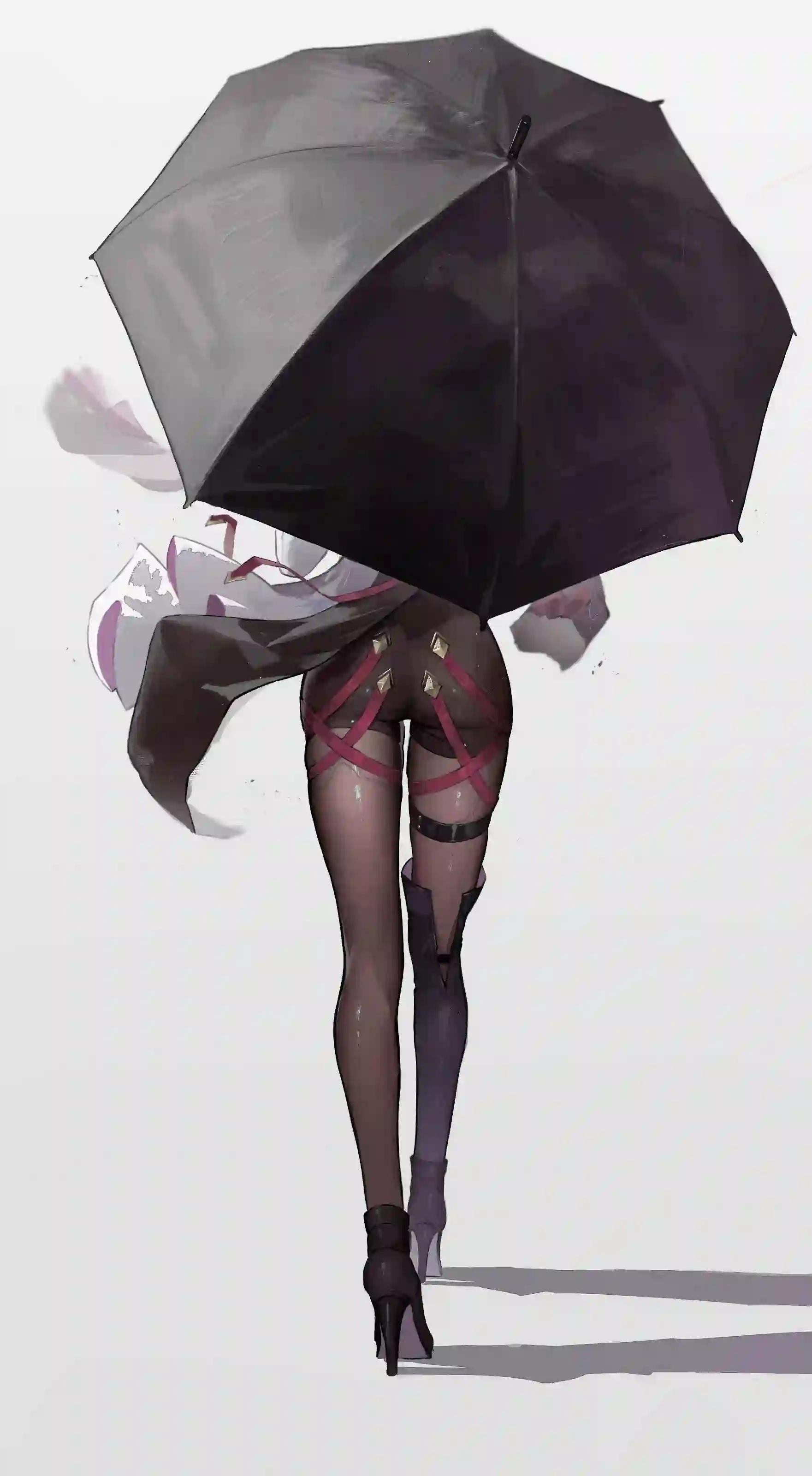 撑着伞的性感美女 长腿美女 黑色丝袜 高跟鞋 动漫壁纸 二次元壁纸