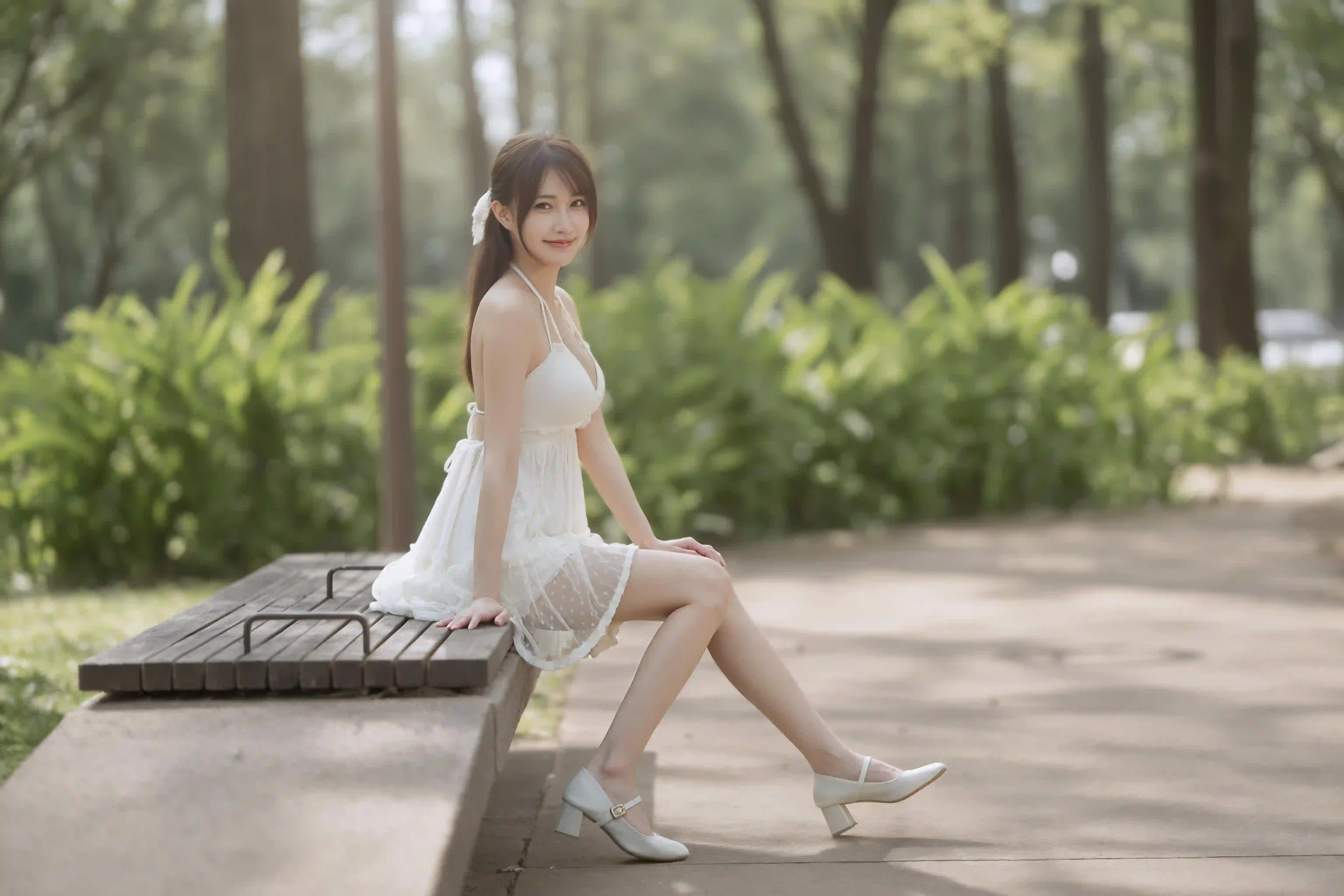 长发白裙女孩 户外写真 长腿 清纯美女 大长腿