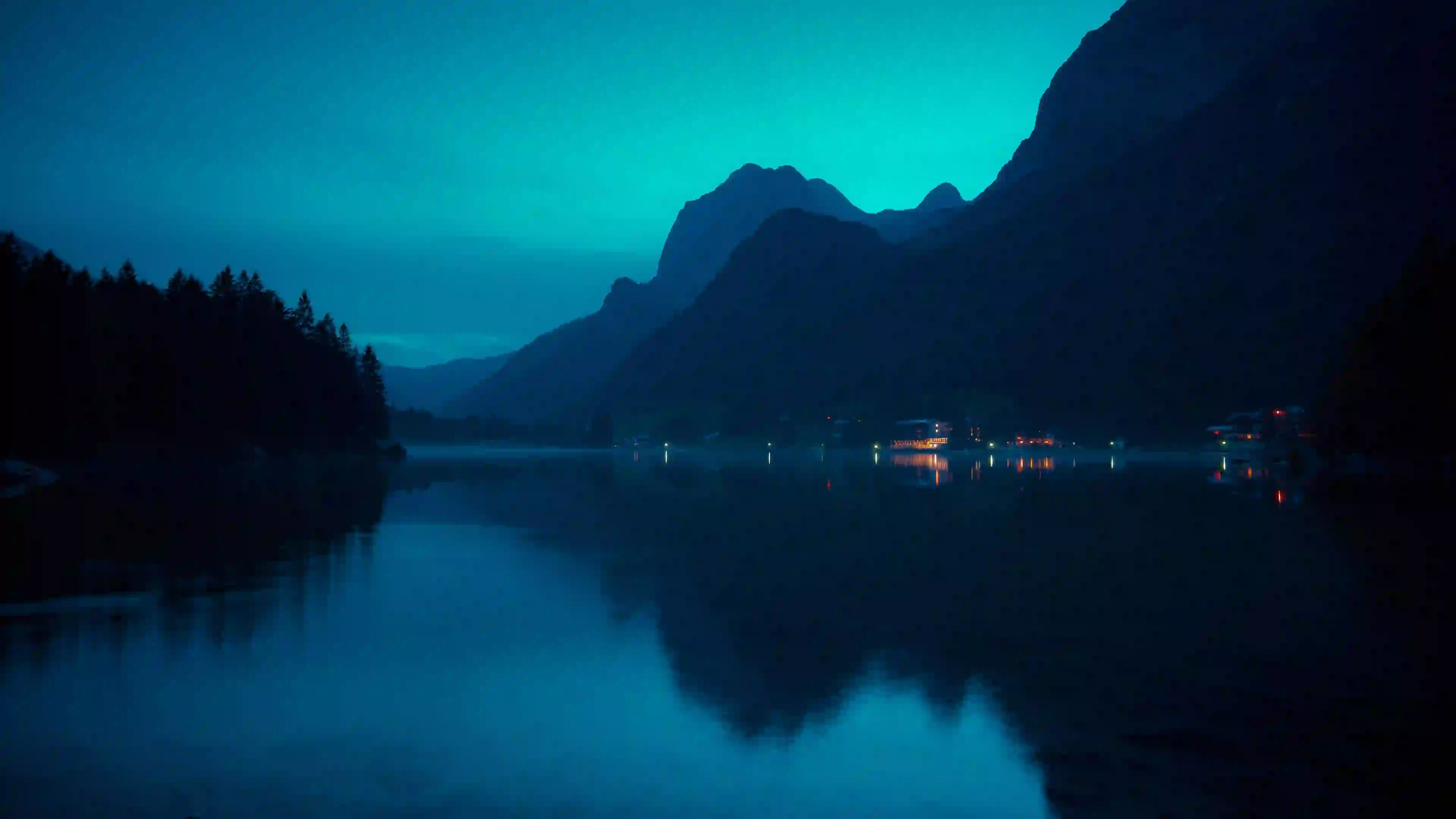 静谧山水湖泊夜景 灯火 山水