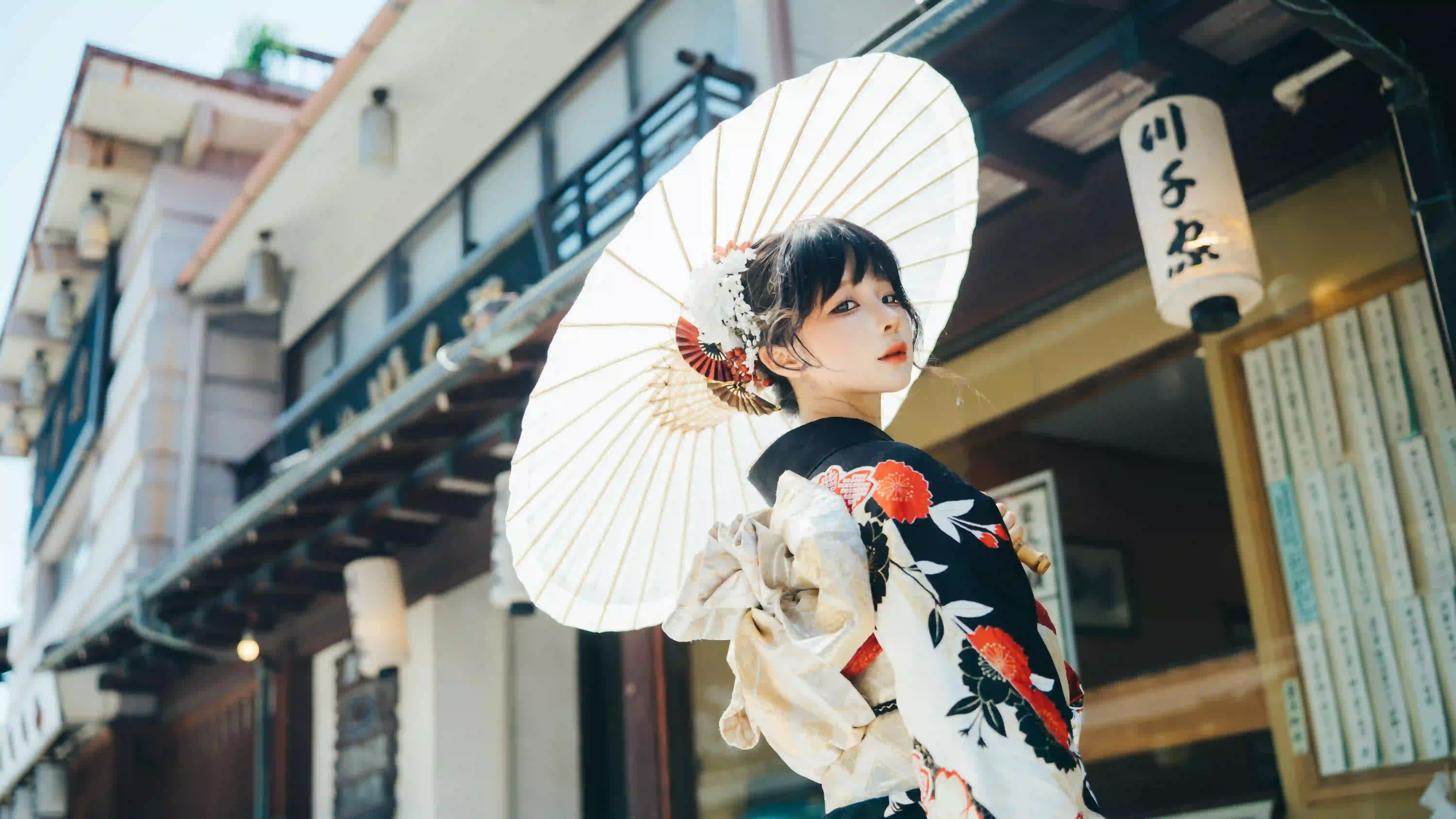 和服 长发美女 街道 白色雨伞 和服穿搭