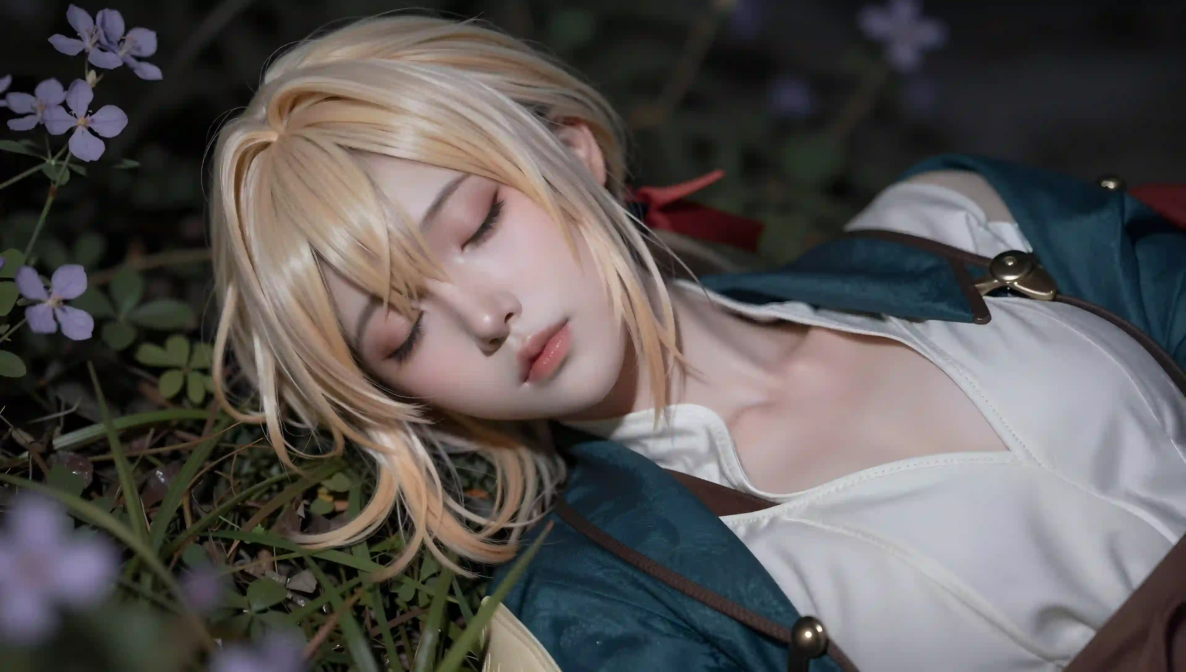 金发女孩 cosplay 草地 紫色花 唯美