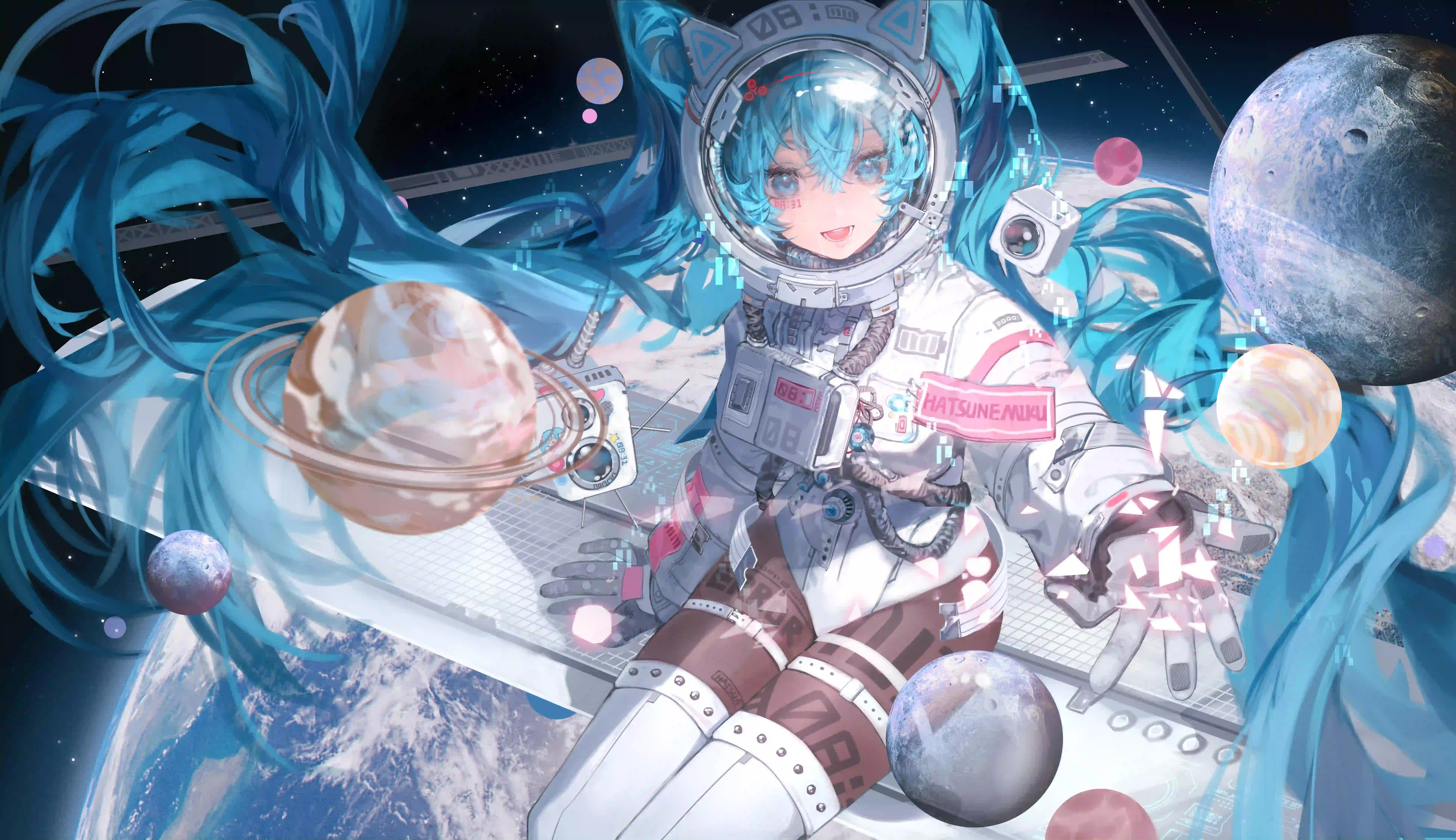 太空 宇航服 初音未来 星球 蓝色头发