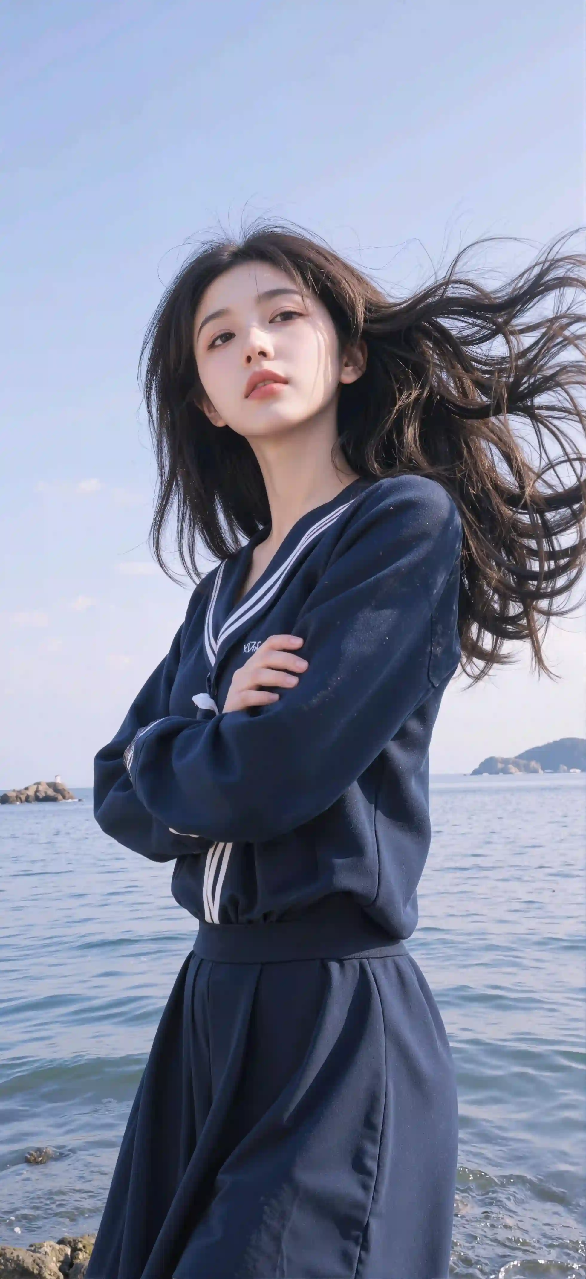海边的jk长发美女 海水 飘逸的头发 长发美女
