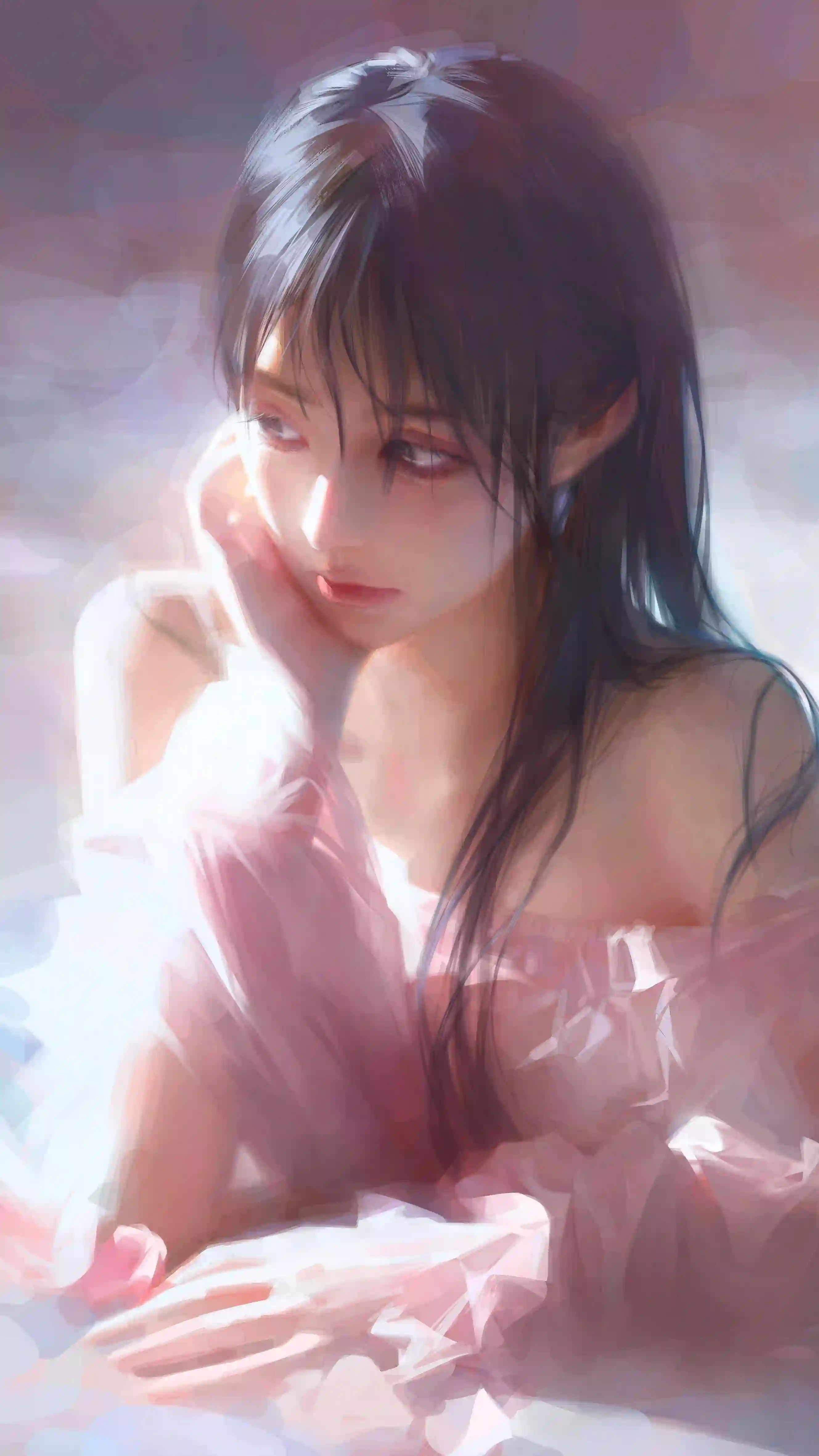 厚涂风格 长发美女 沐浴 粉红色长裙 抹胸穿搭 唯美