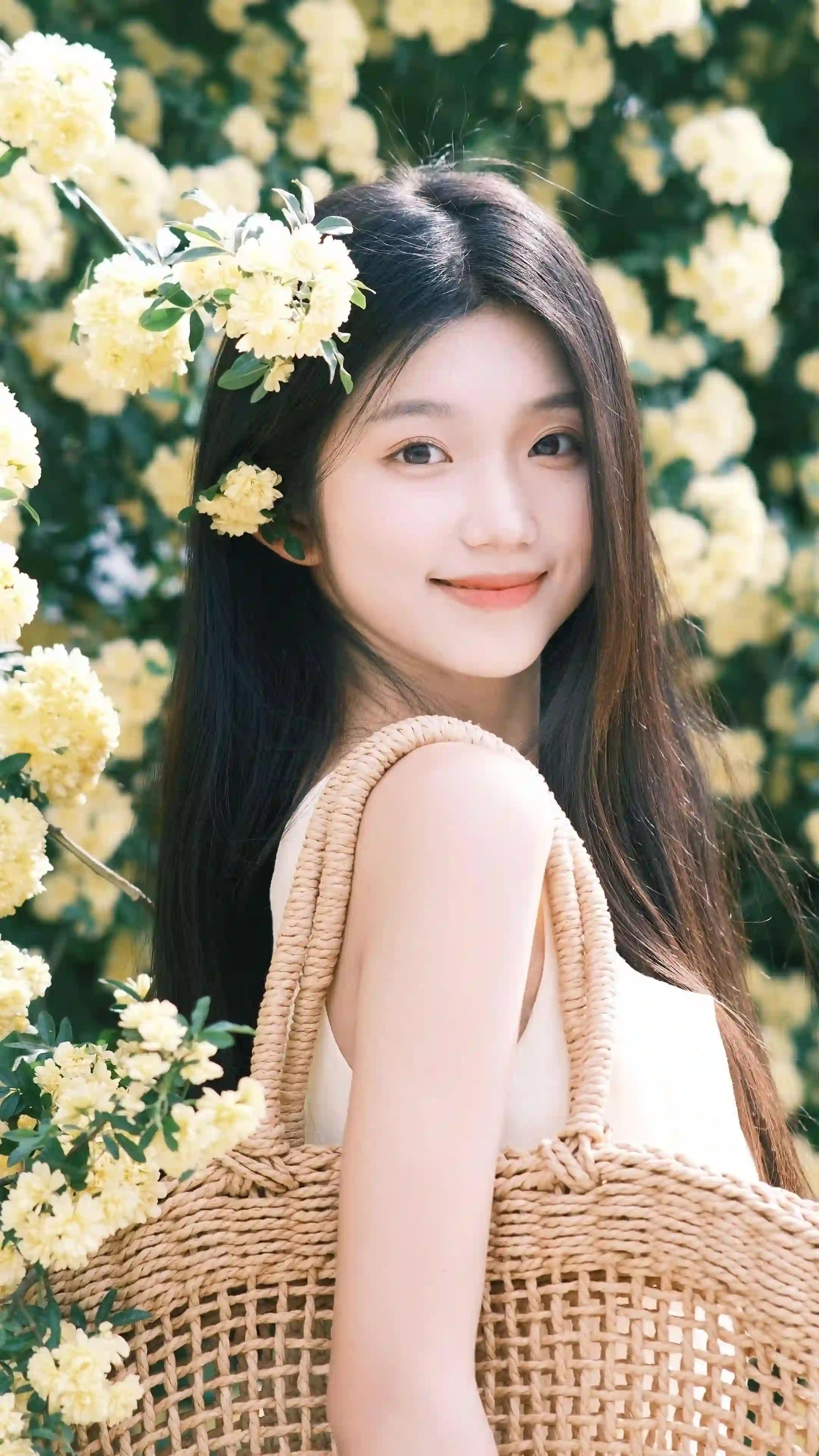 少女 清新写真 黄色蔷薇 花丛 阳光 春天 人像摄影