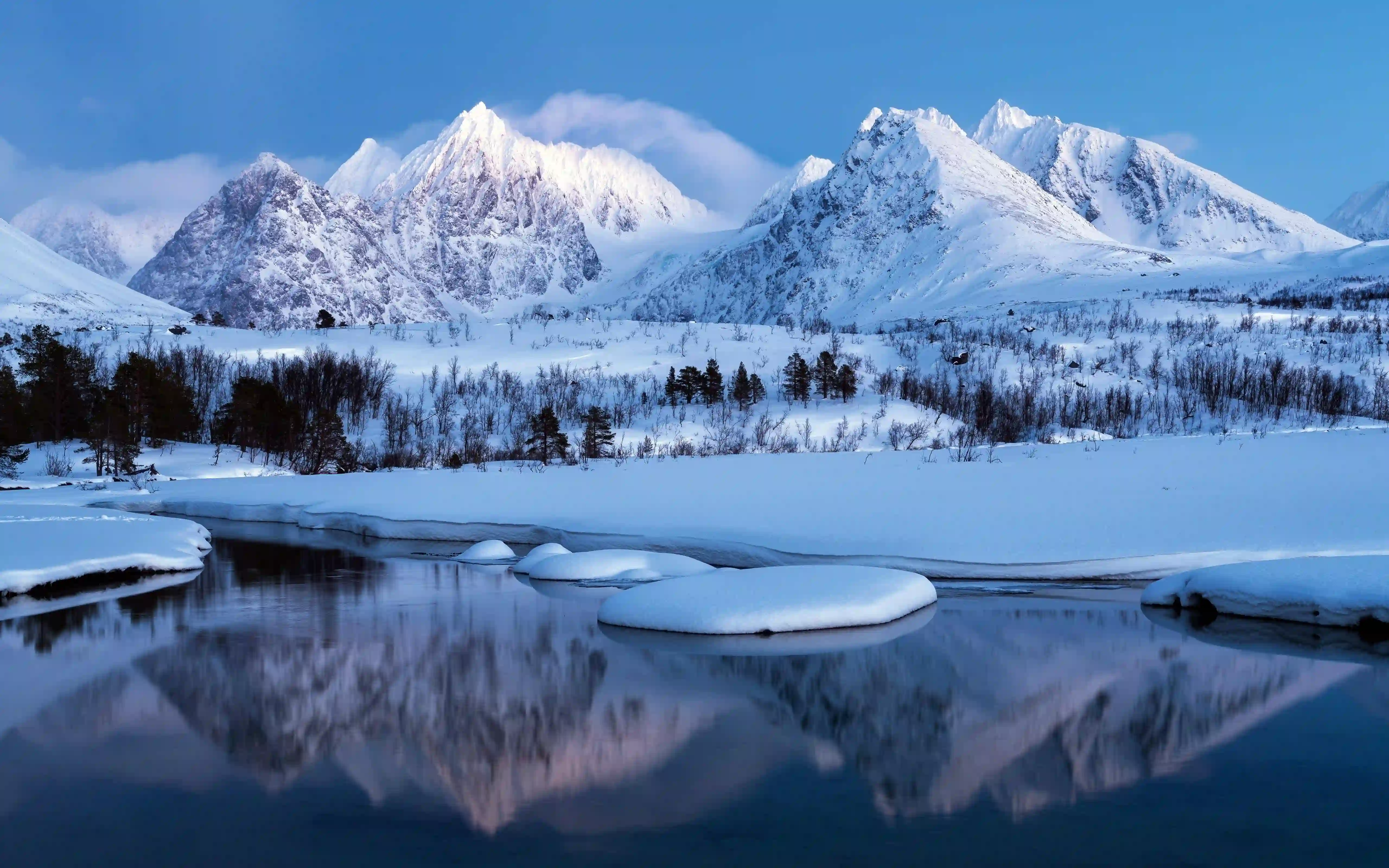 雪 河流 黎明 风景 冬天 山 雪山 倒影 雪地