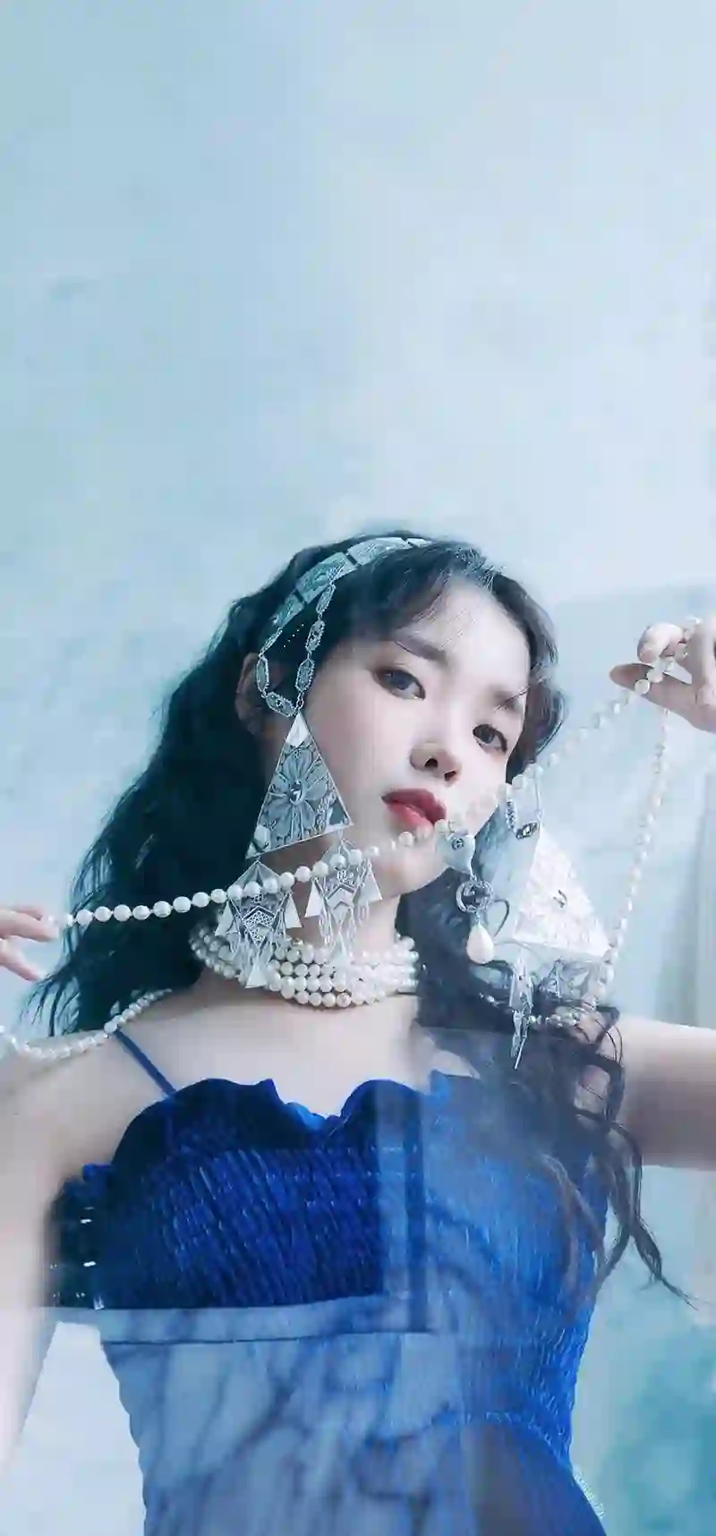 美女 长发美女 吊带 蓝色吊带长裙 清纯美女