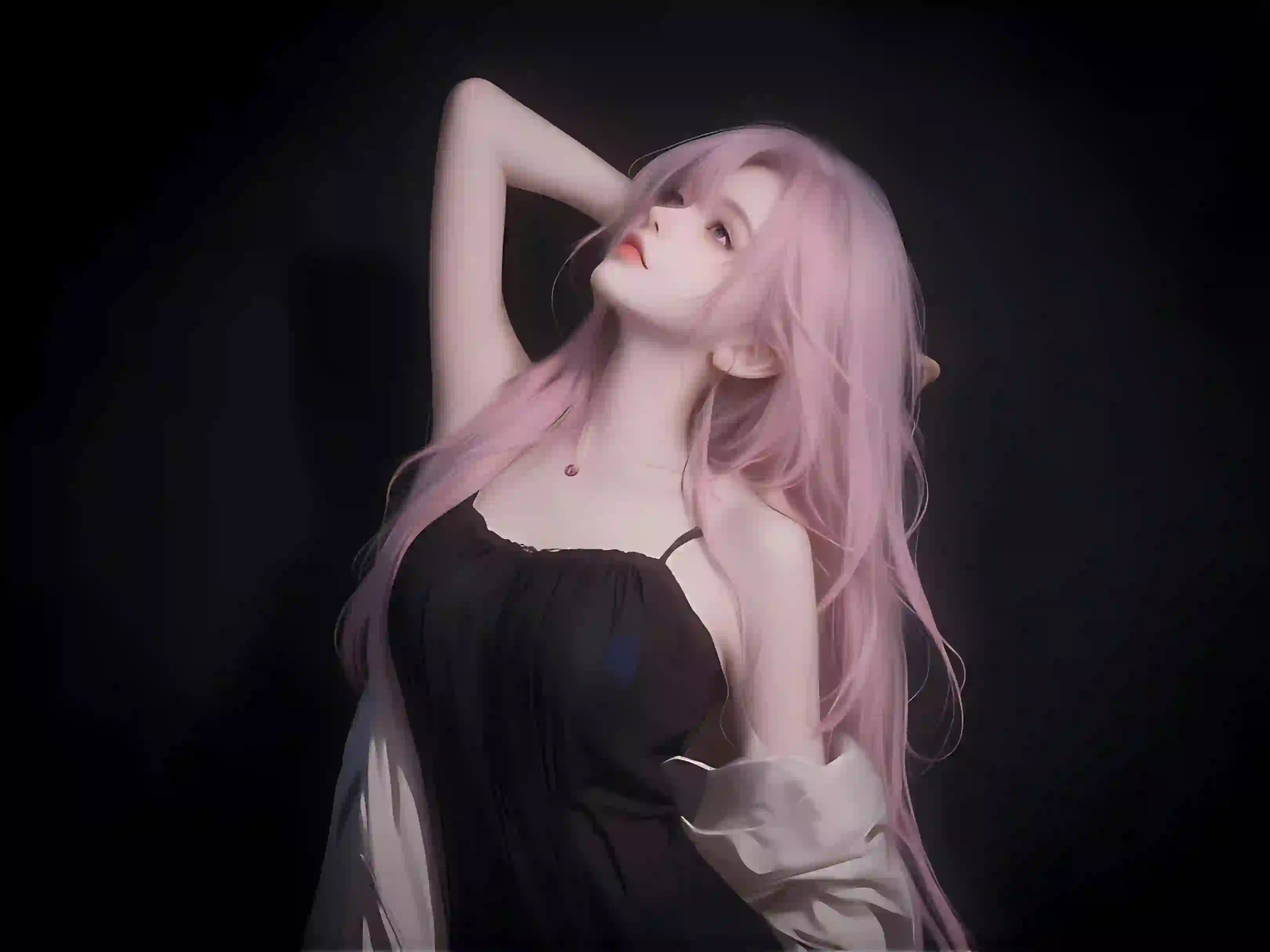 AI 长发美女 黑色吊带裙 粉红色头发