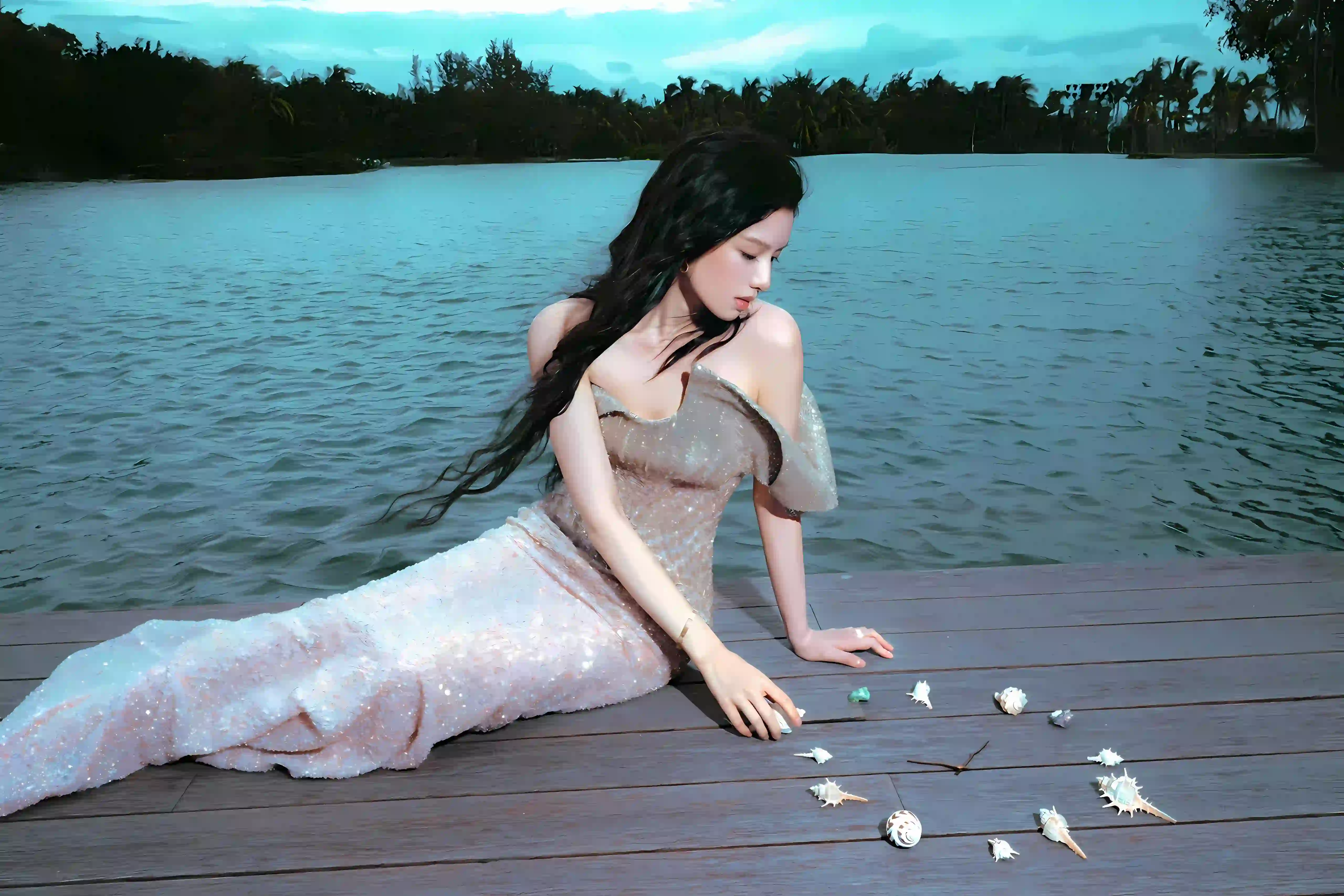 长发清纯美女 美女明星 张婧仪 湖泊
