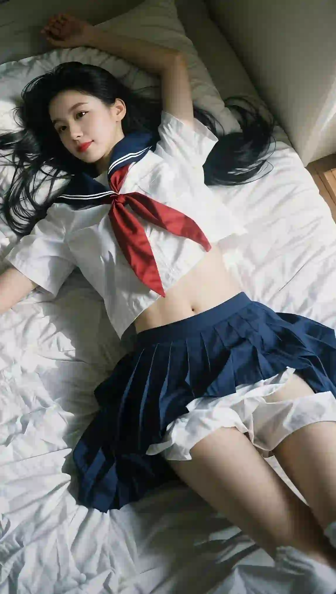 躺在床上的长发jk美女 长腿美女 性感美女