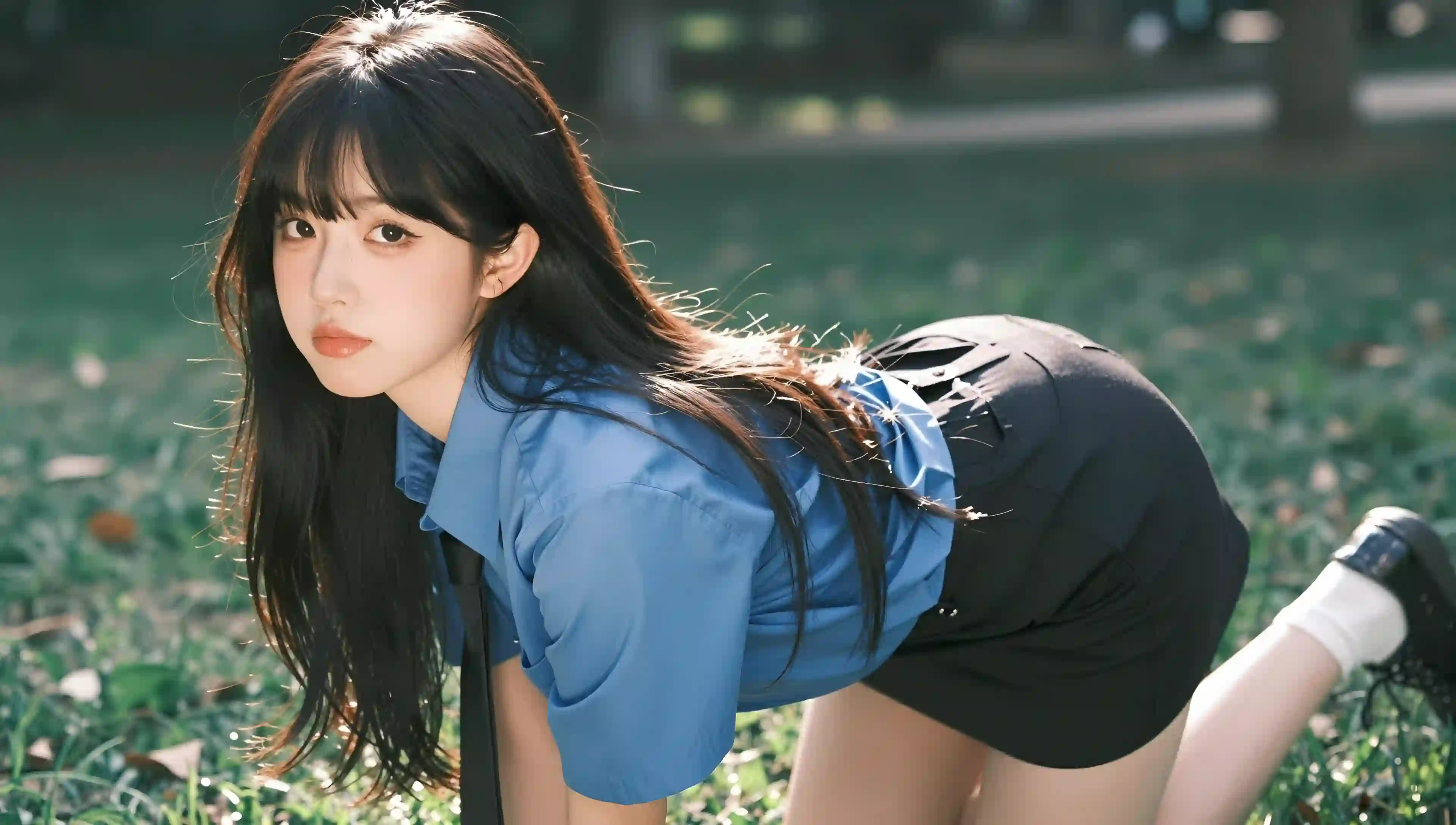 阳光 草坪 蓝色衬衫 校园风 女孩 逆光