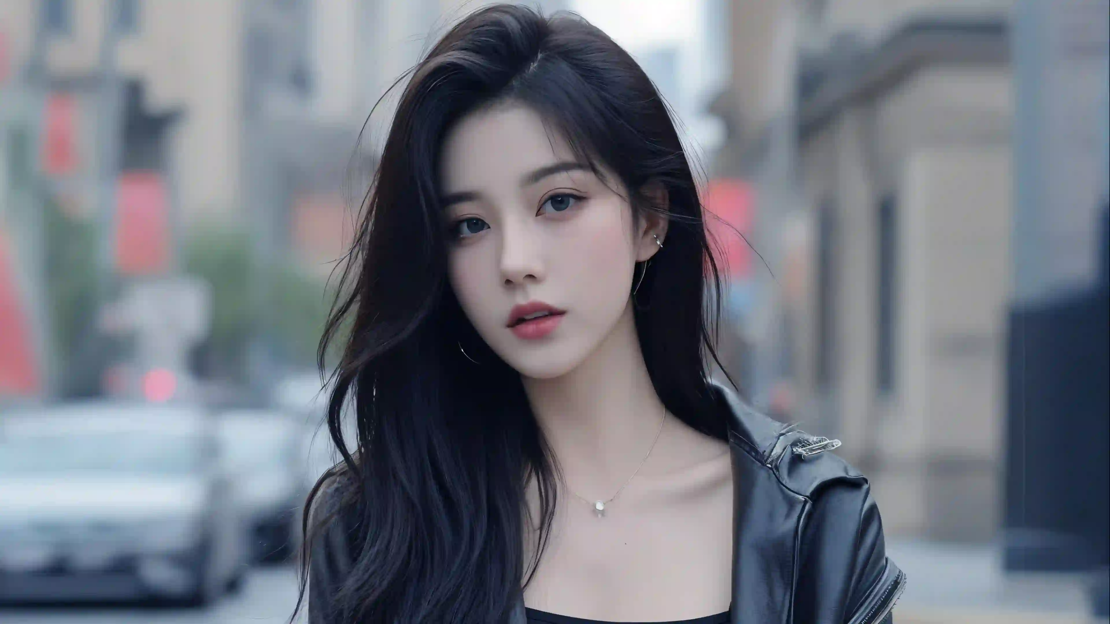 都市 美女 街拍 时尚 皮衣 黑色 长发