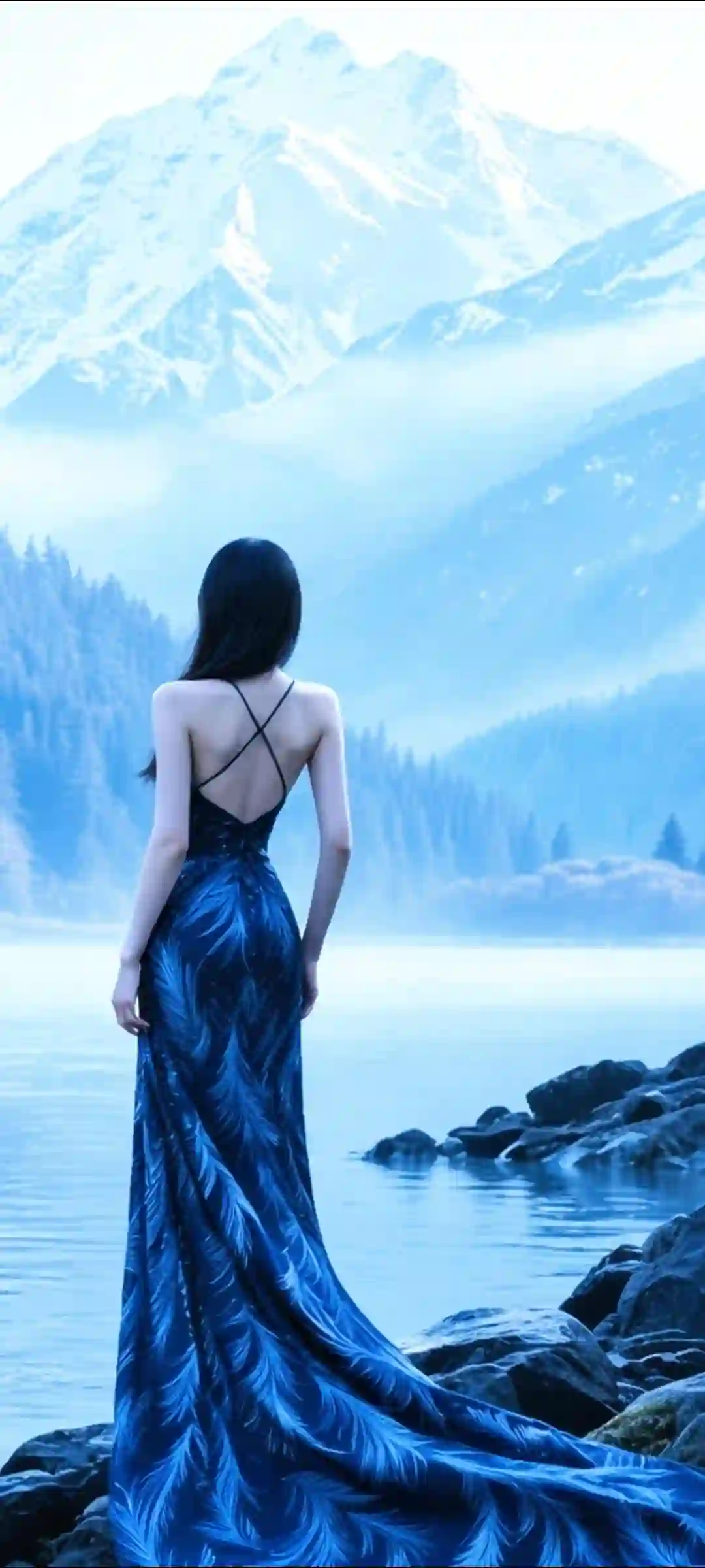 蓝色长裙 湖畔 雪山 背影 雾气 森林 唯美 氛围