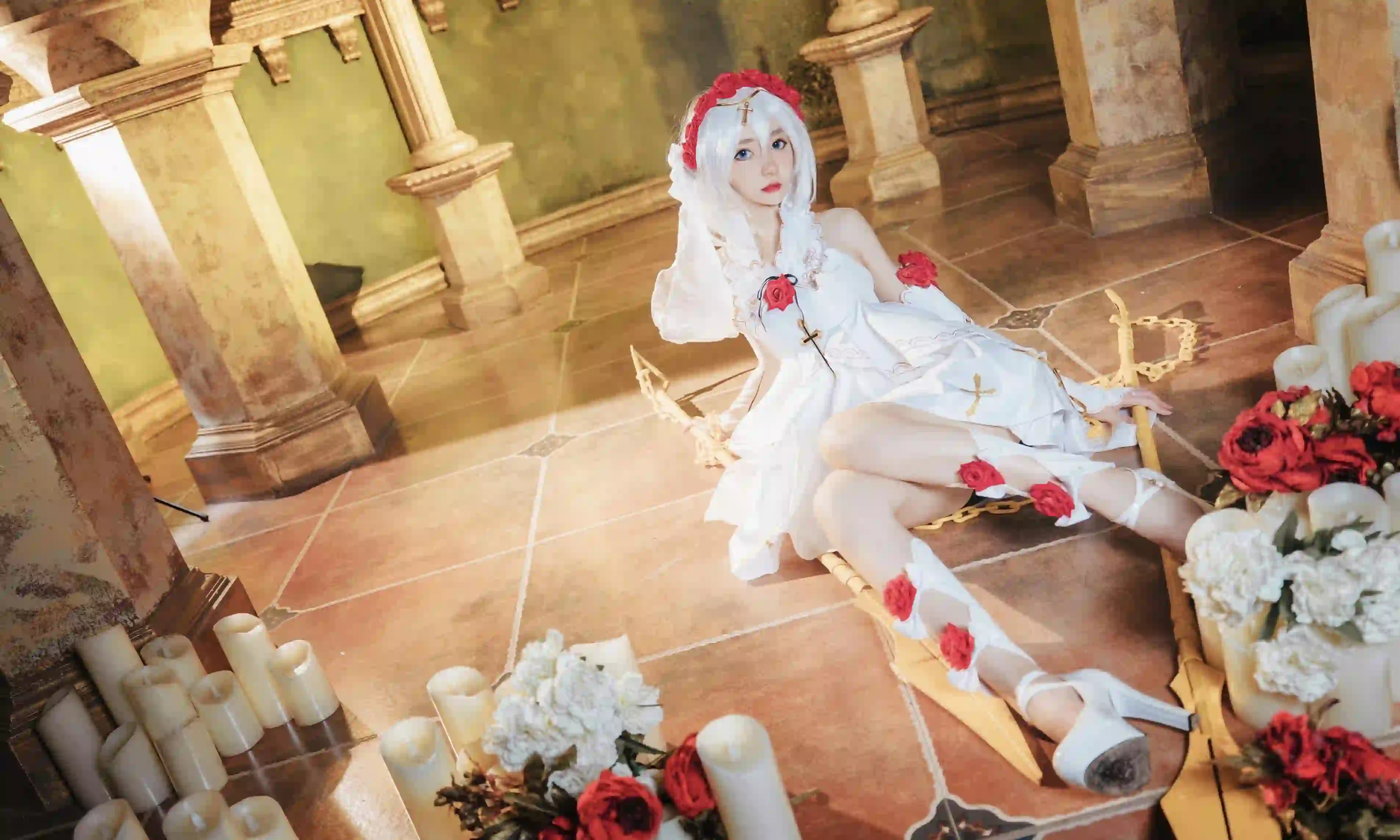 长发美女 白色长发 Coser 白裙少女 白色蜡烛