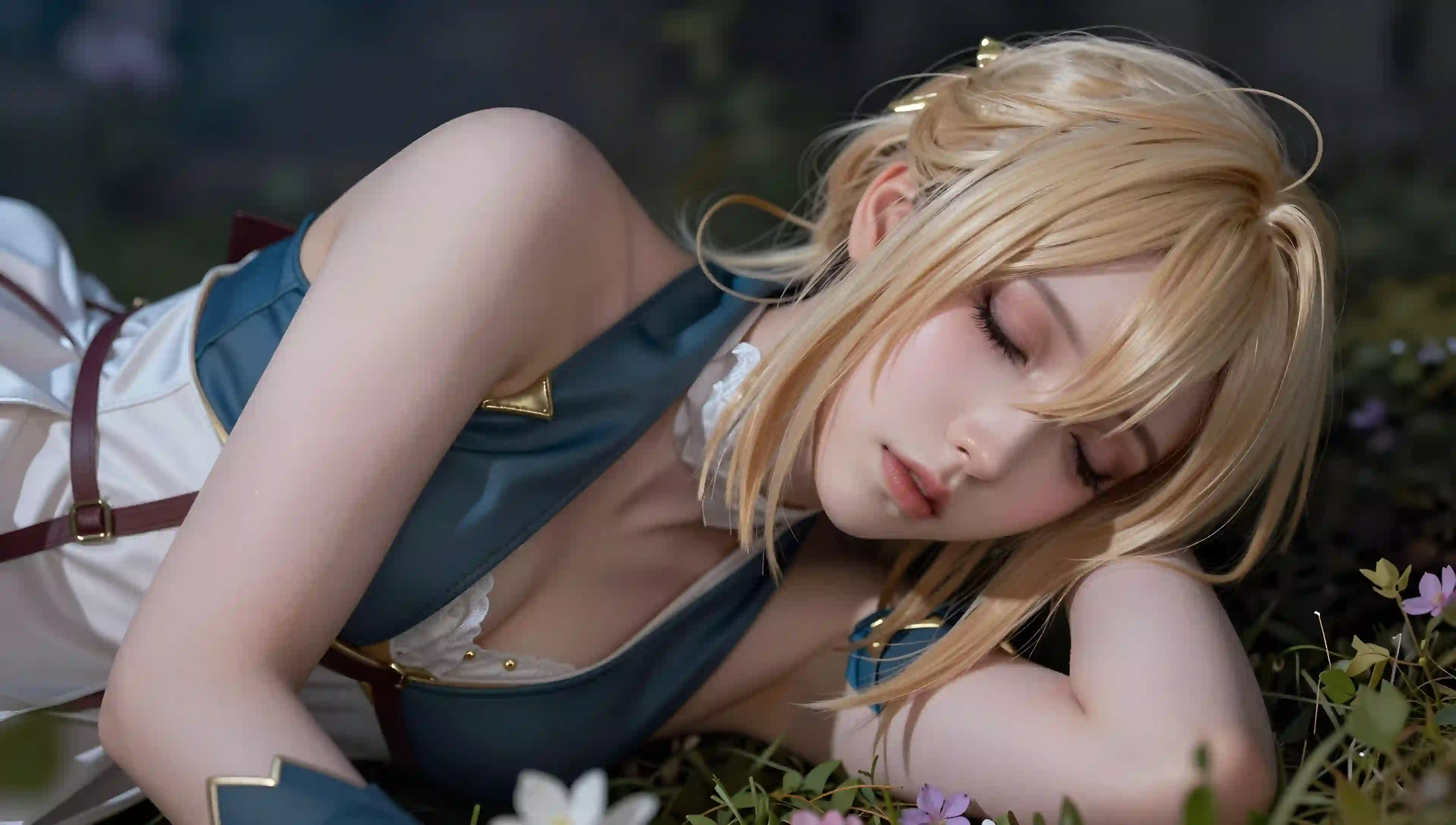 金发少女 cosplay 草地 花朵 闭眼 唯美