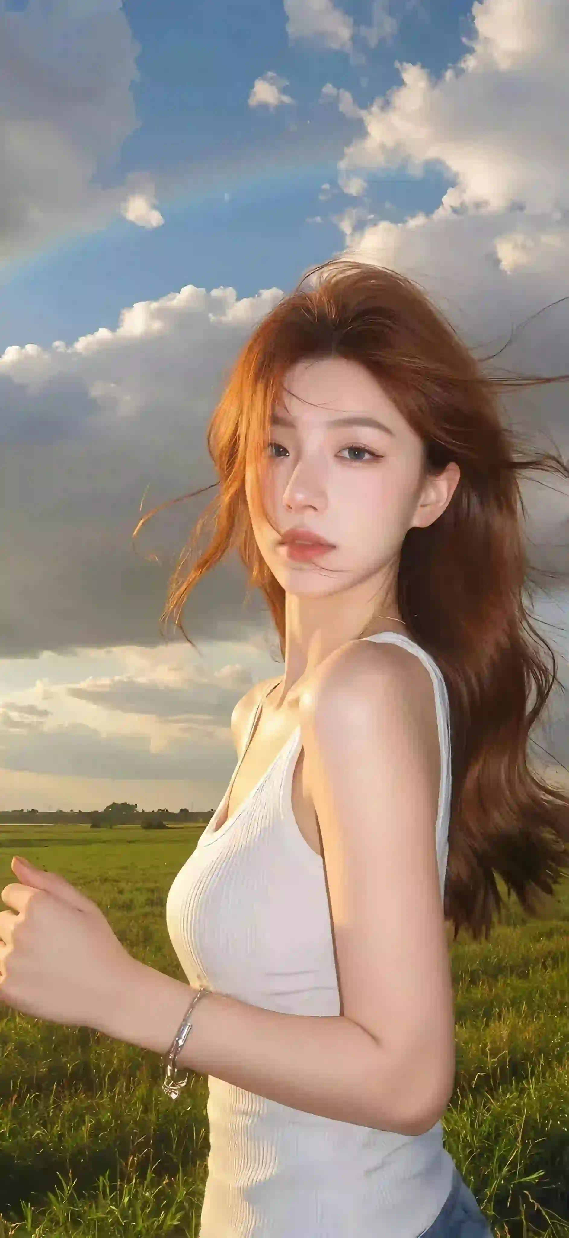 长发美女 户外 草地 草原 白色吊带