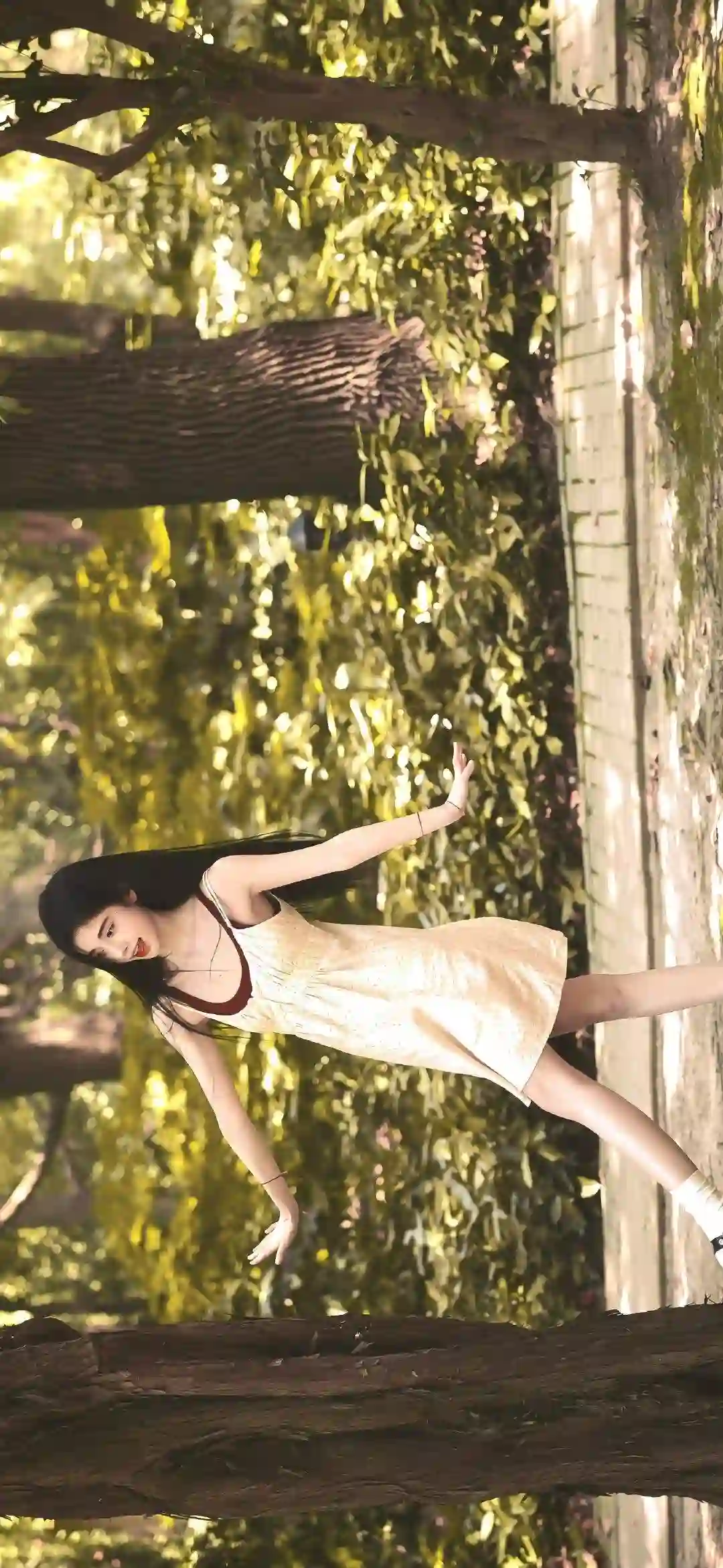 林间光影 黑发女孩 优雅姿势 自然清新 阳光树影 少女写真 鞠婧祎