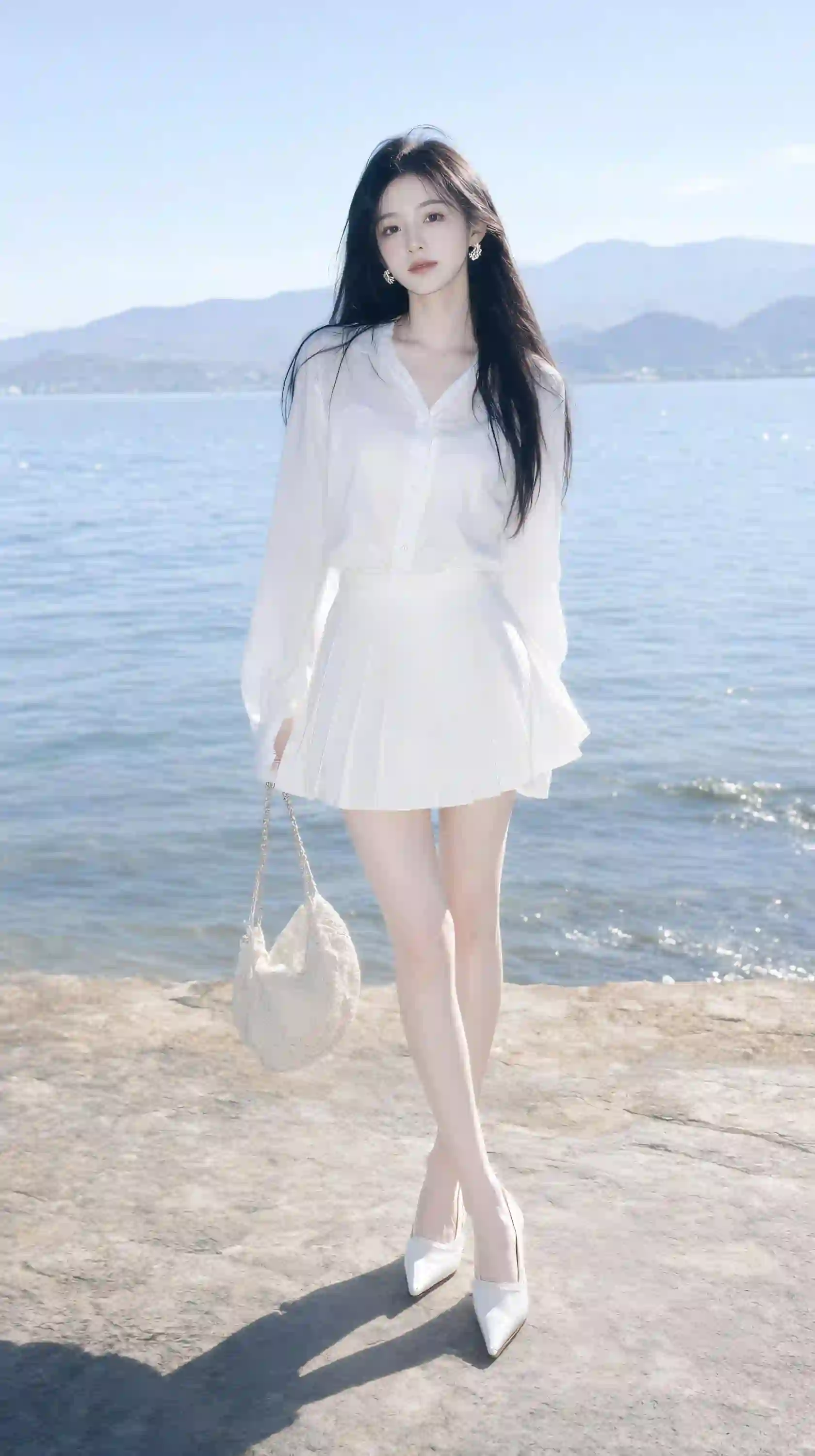 白色穿搭 海边 女生 清新 长发 写真 风景