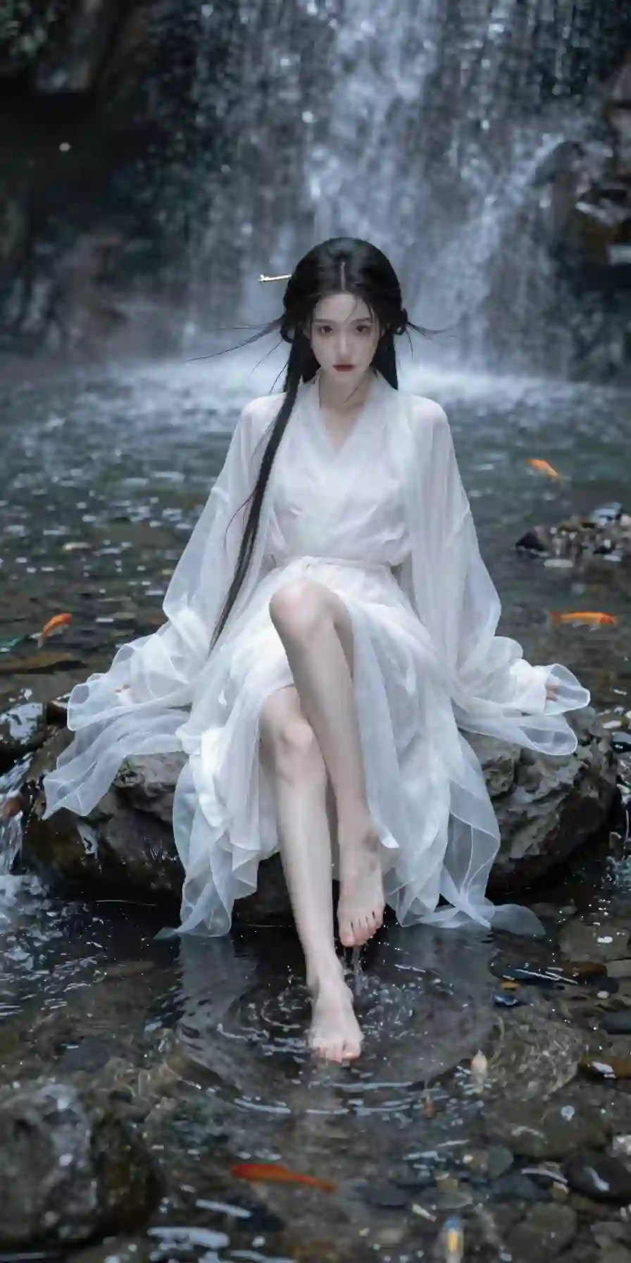 长发美女 古风汉服美女 长腿性感美女 瀑布 白色长裙