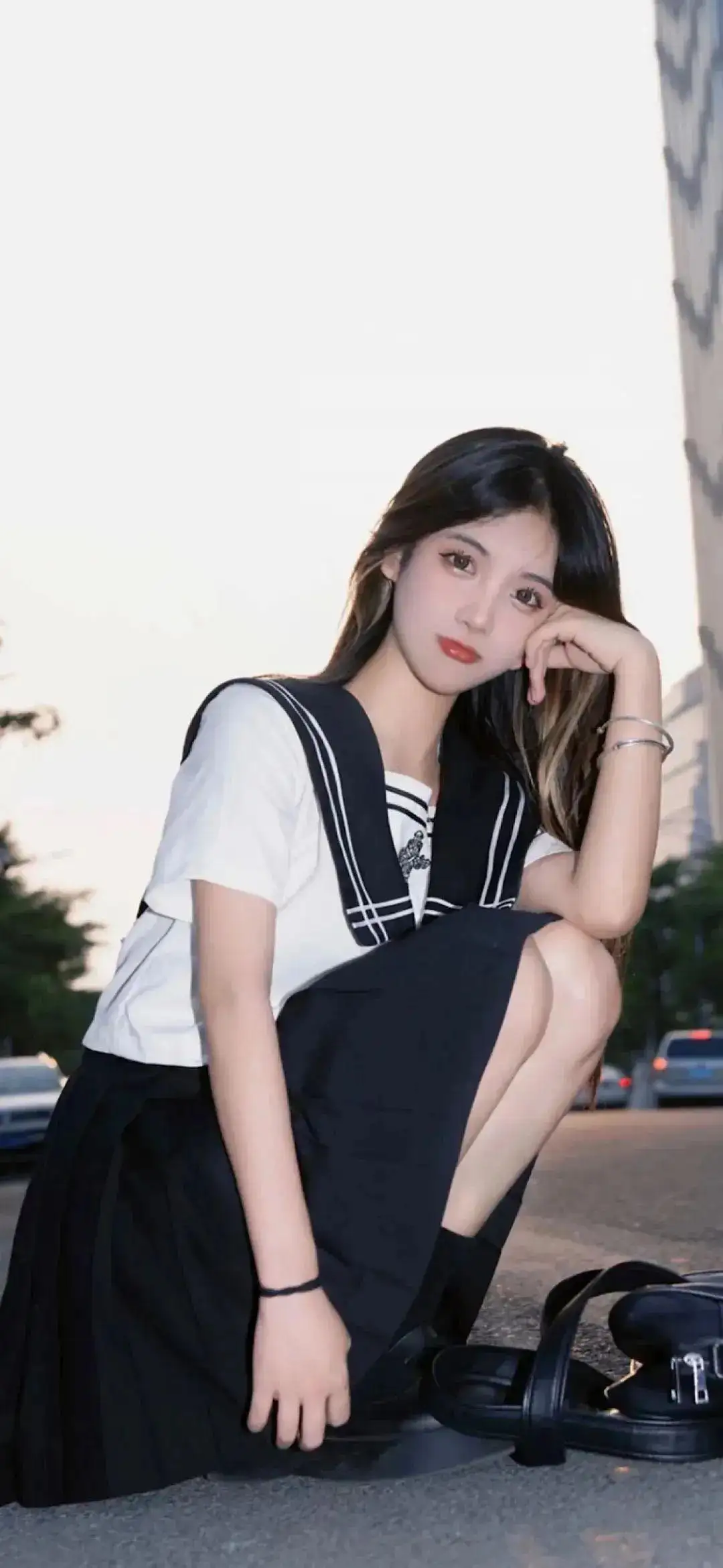 户外街拍长发jk美女