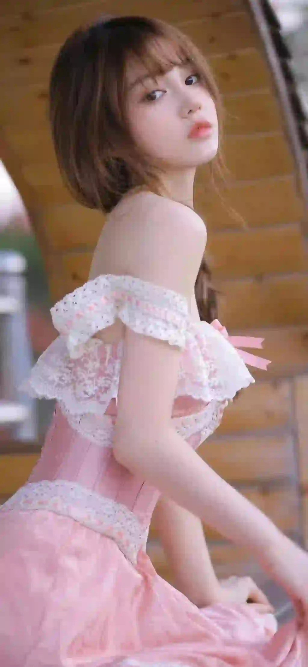 美女 长发美女 清纯美女 抹胸 粉红色长裙