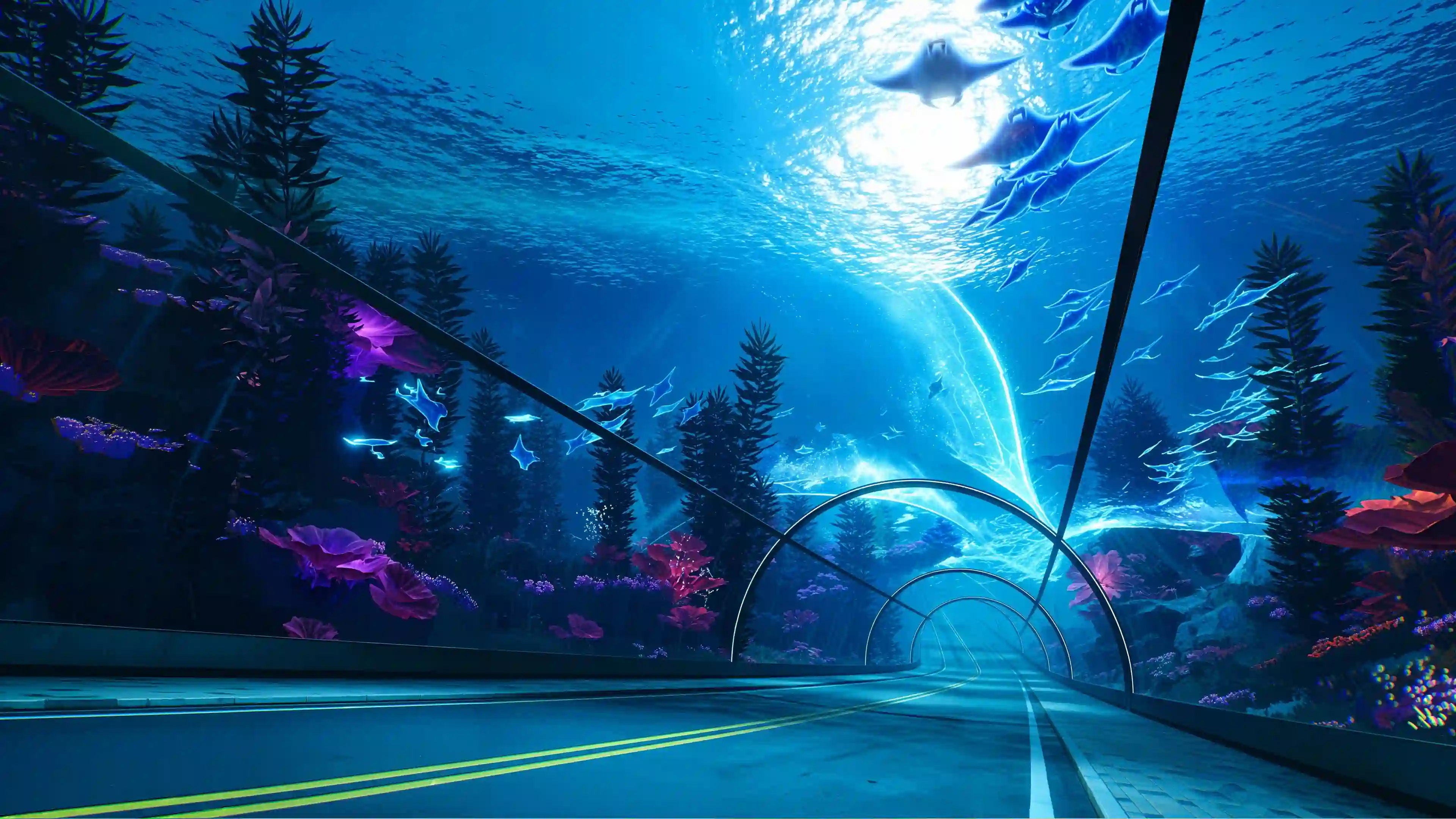 水下隧道 梦幻海洋 发光鱼群 奇幻风景 AI艺术 数字绘画