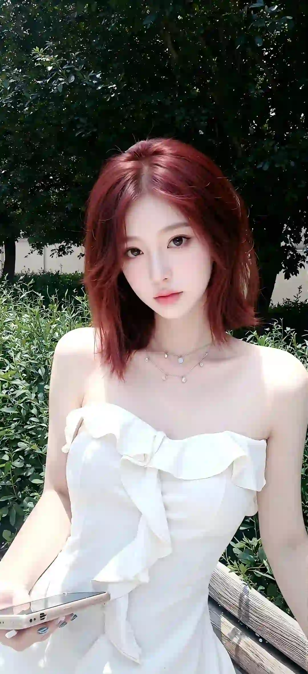粉红色头发美女 抹胸穿搭 白色裙子