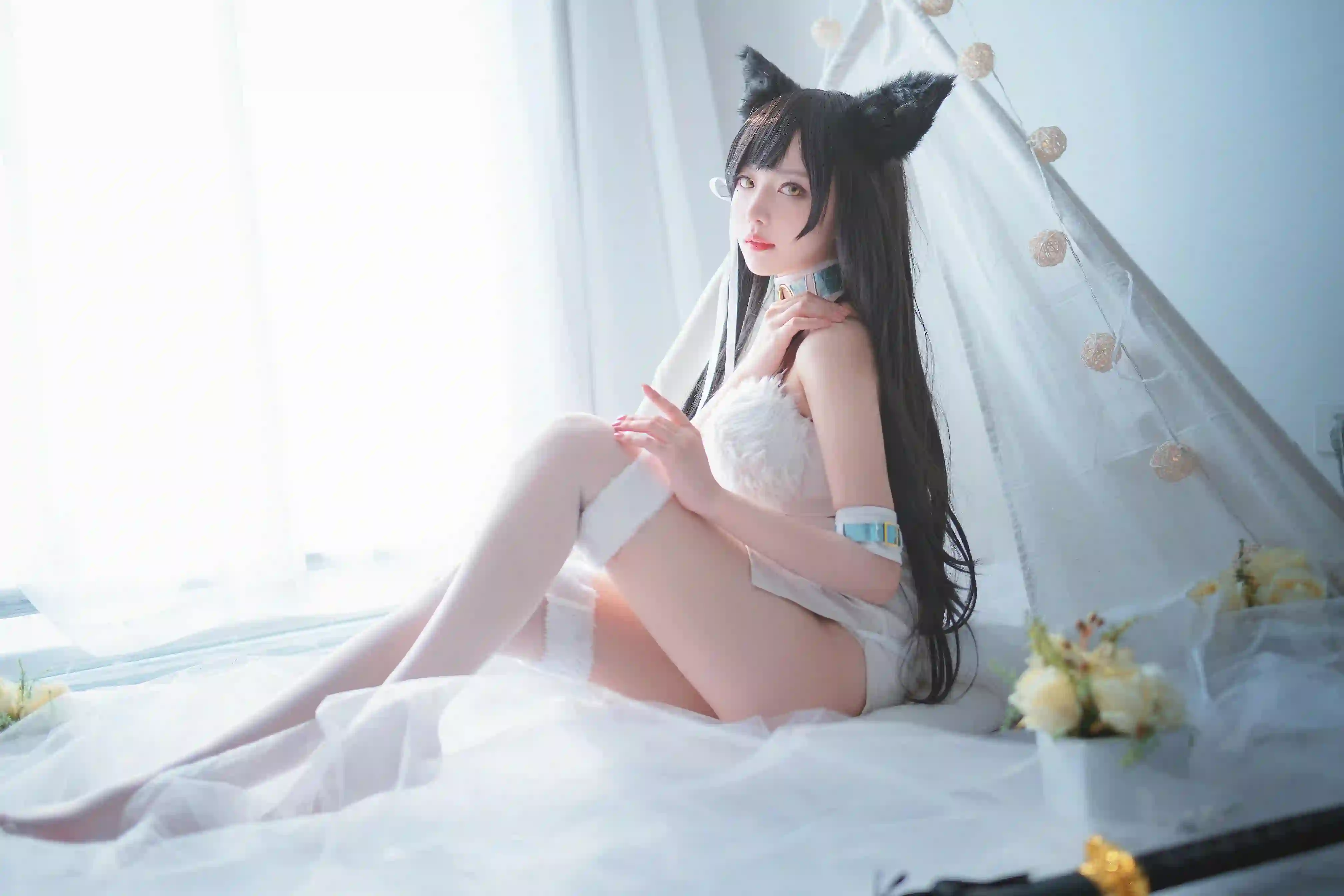Coser 长发美女 丝袜美腿 白色丝袜 长发 白色吊带