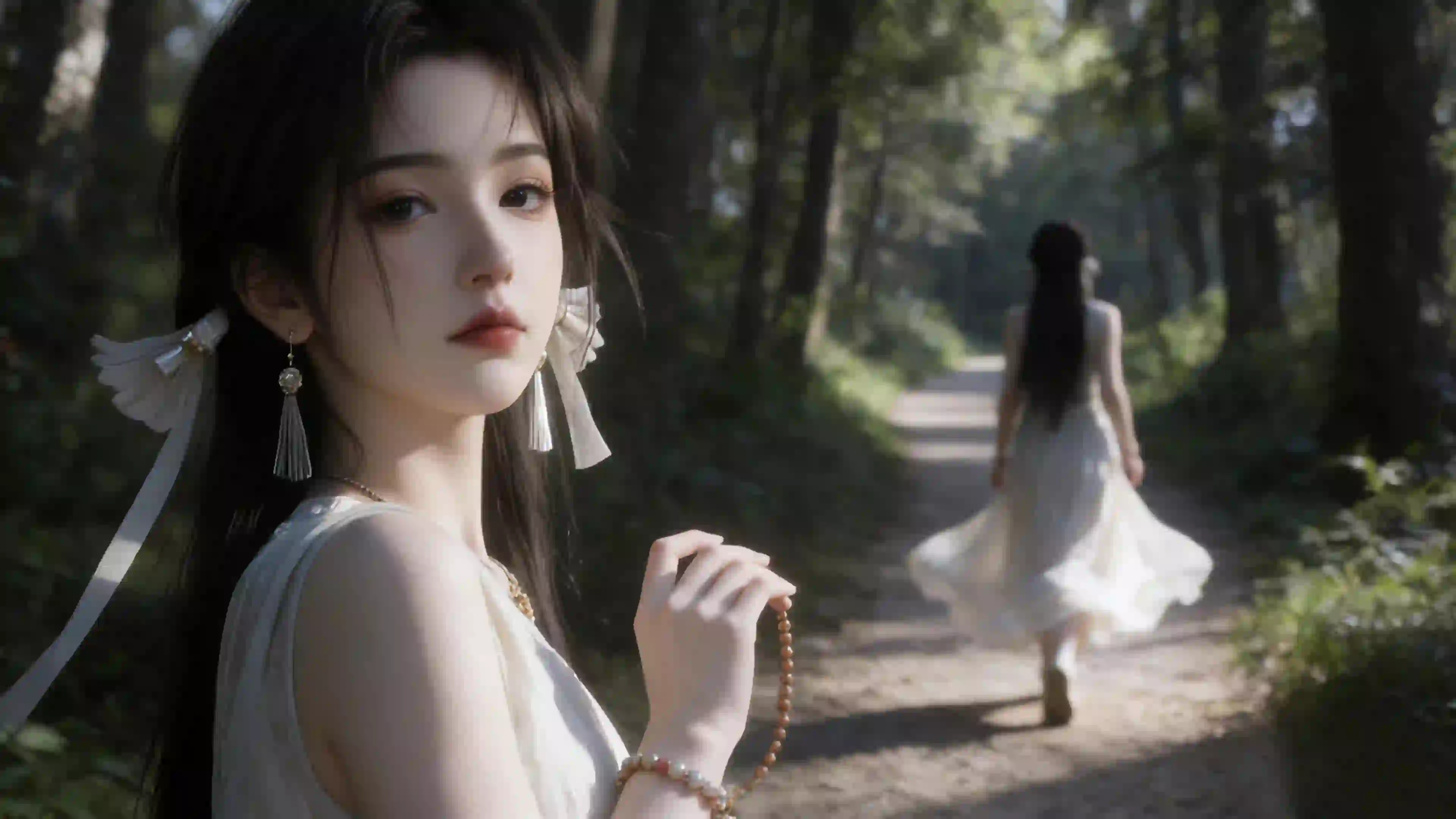 森林 小路 养眼白裙美女宋玉