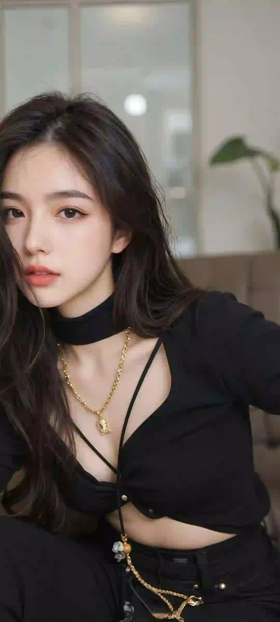 长发黑衣美女 个性穿搭