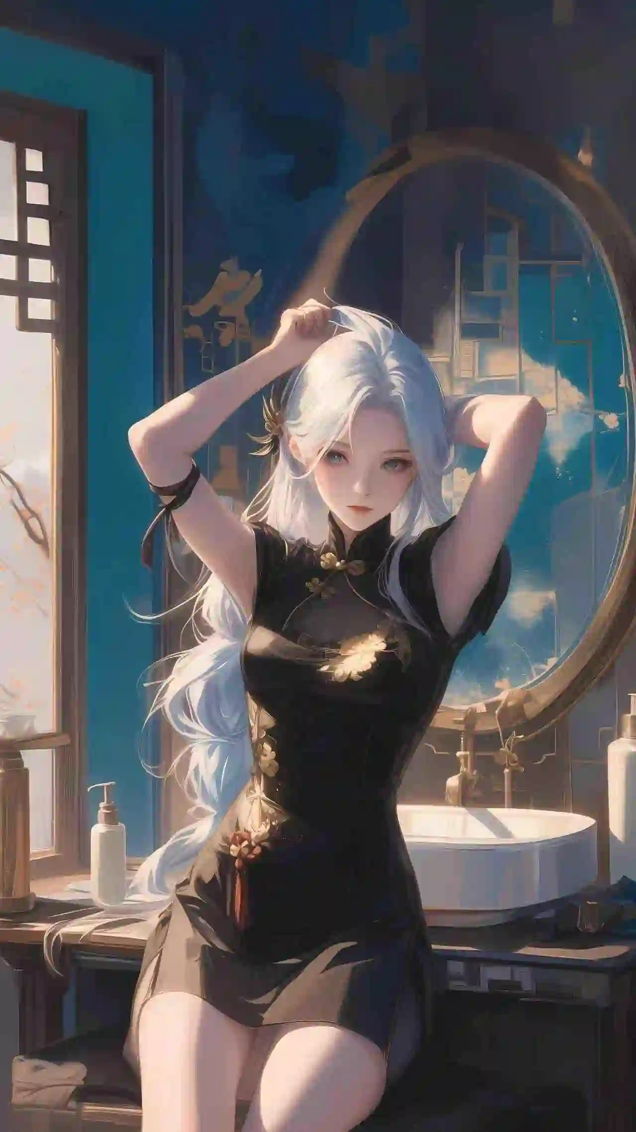 银发美女 性感美女 国风 ai 动漫壁纸 二次元 旗袍