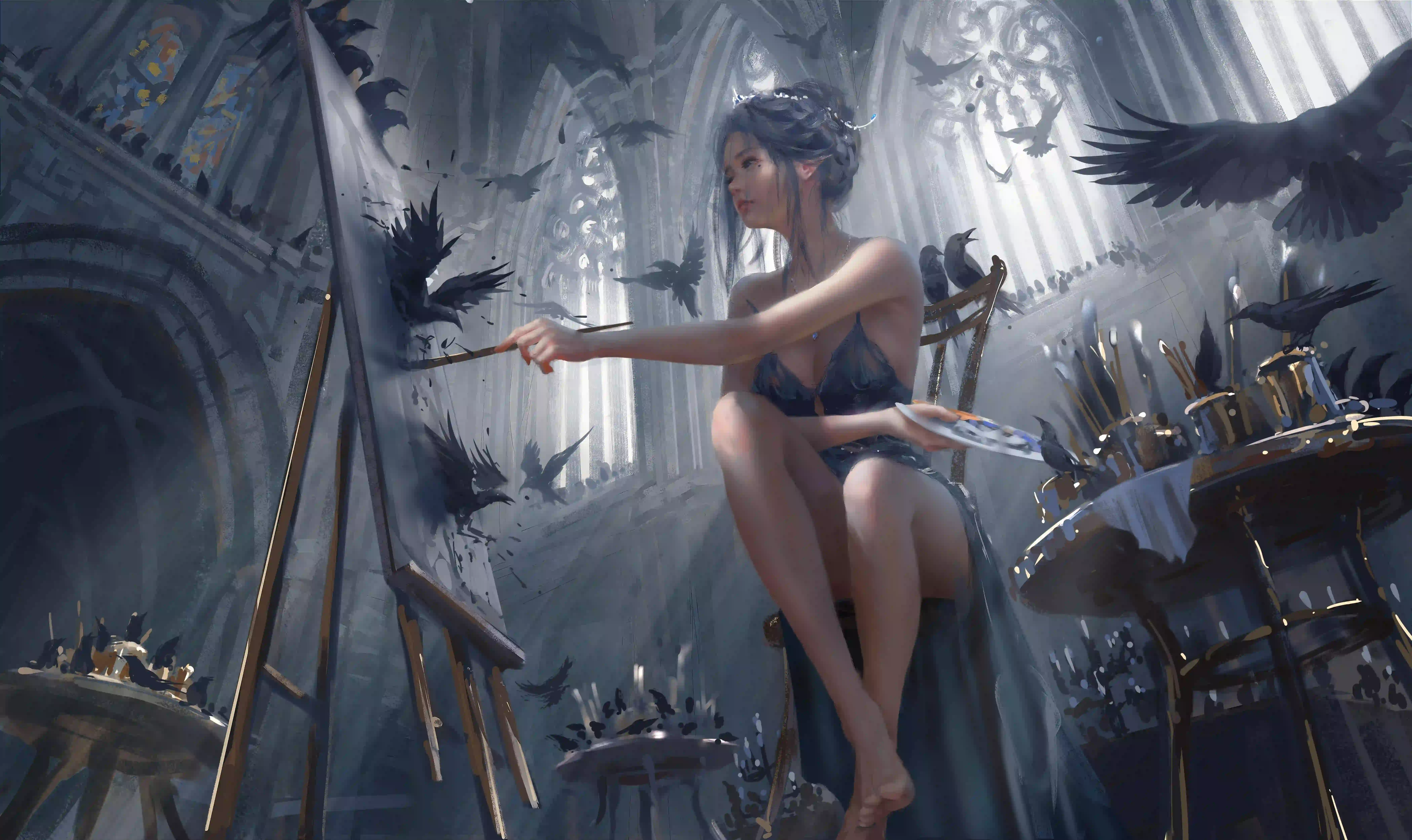 wlop 城堡 作画 长腿性感美女