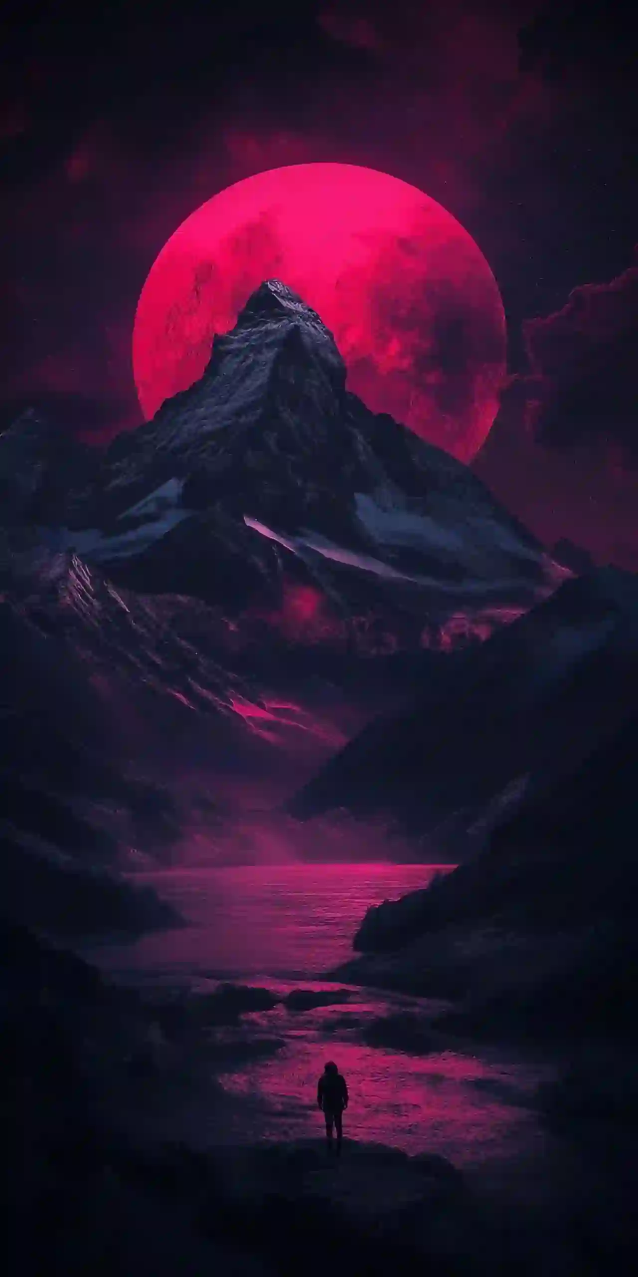 红月 远山 红色氛围 暗黑风格 孤独 