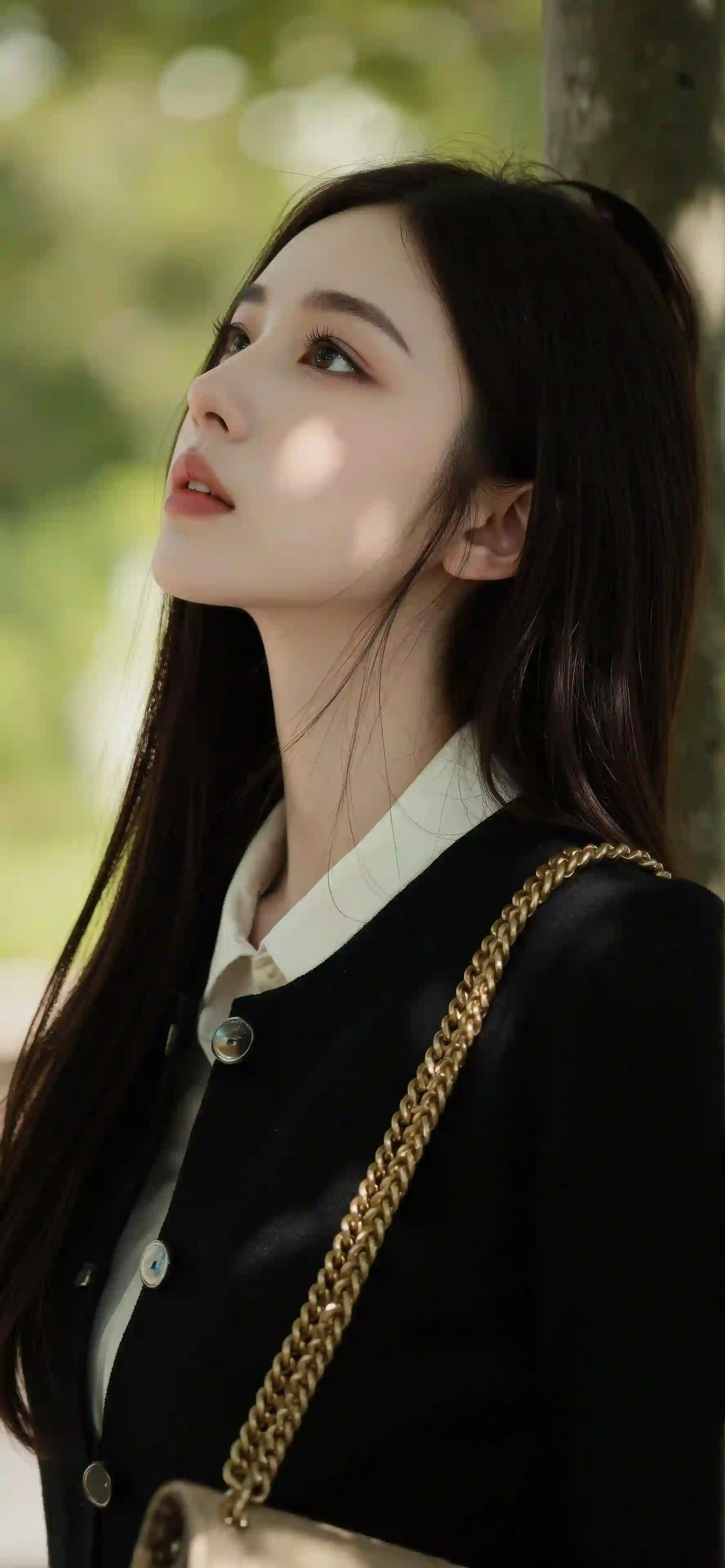 一位穿着黑色服装的女性在户外自然光下仰望 阳光在她脸上形成光斑 背景是柔和的绿色
