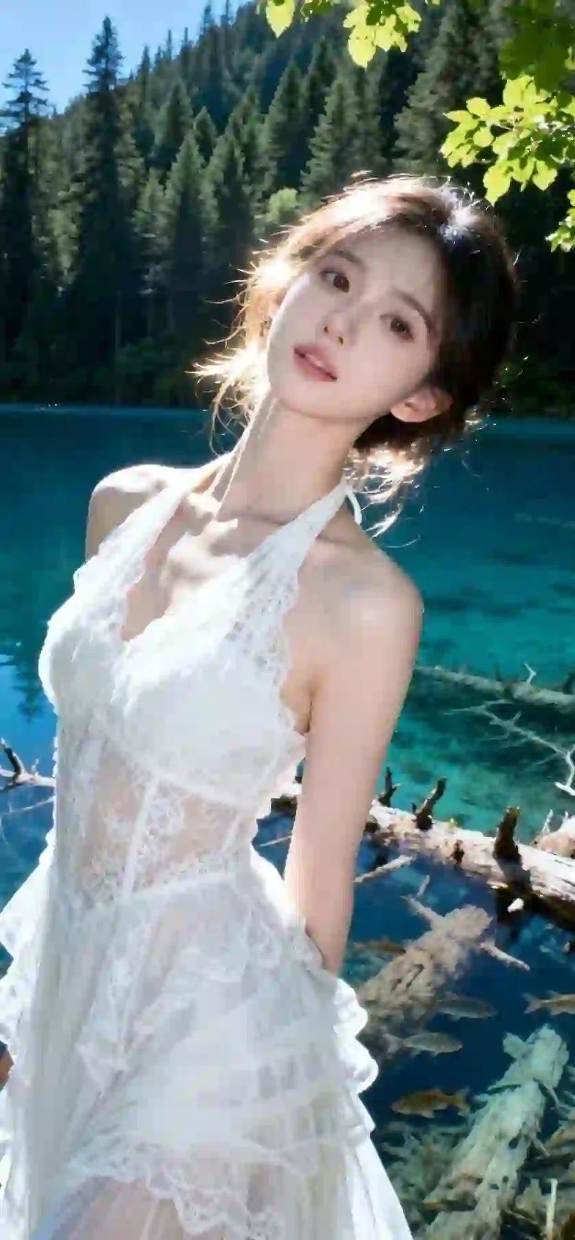 山清水秀 长发白裙美女 户外写真 小清新