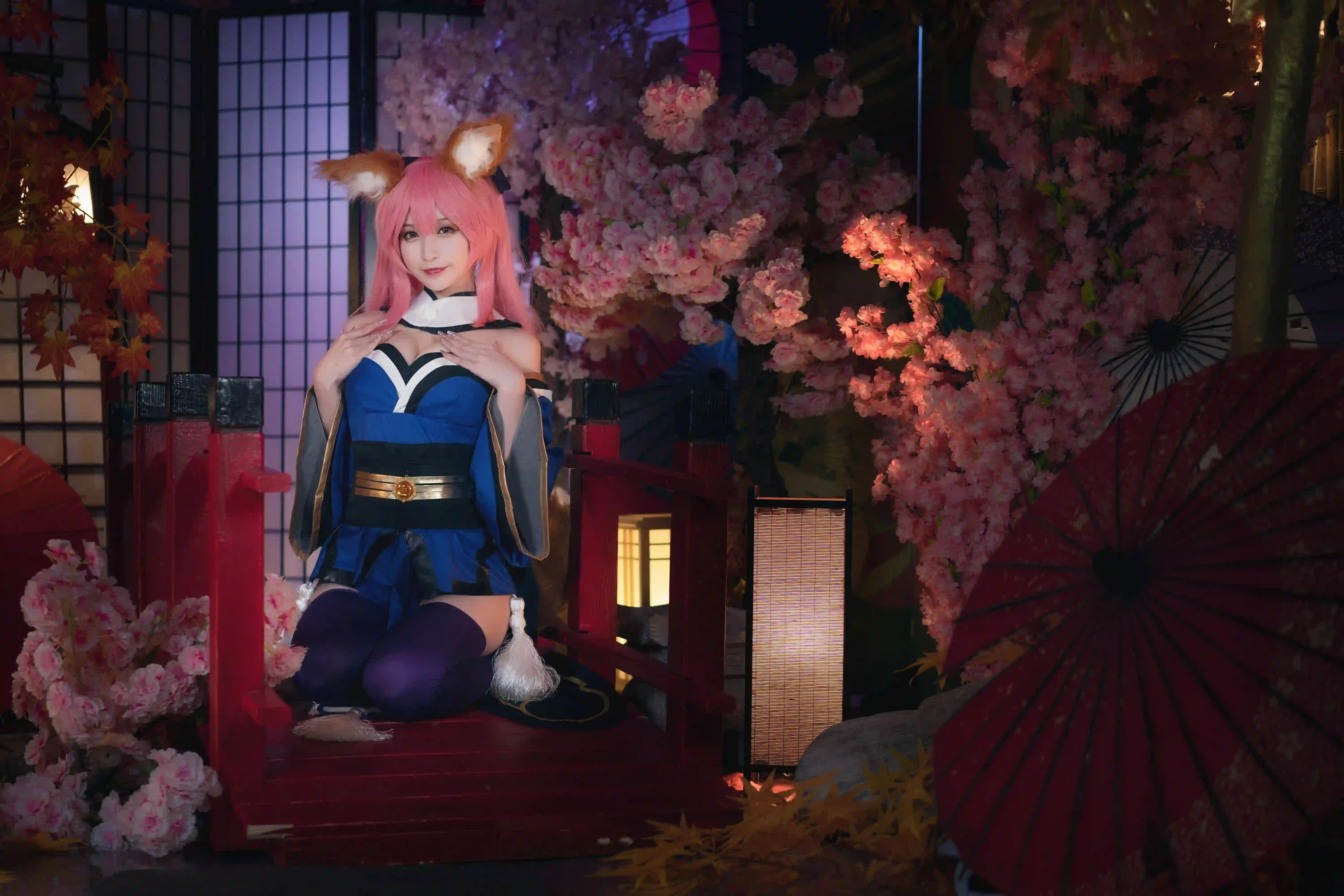 樱花 狐耳 少女 cosplay 红桥 油纸伞 梦幻
