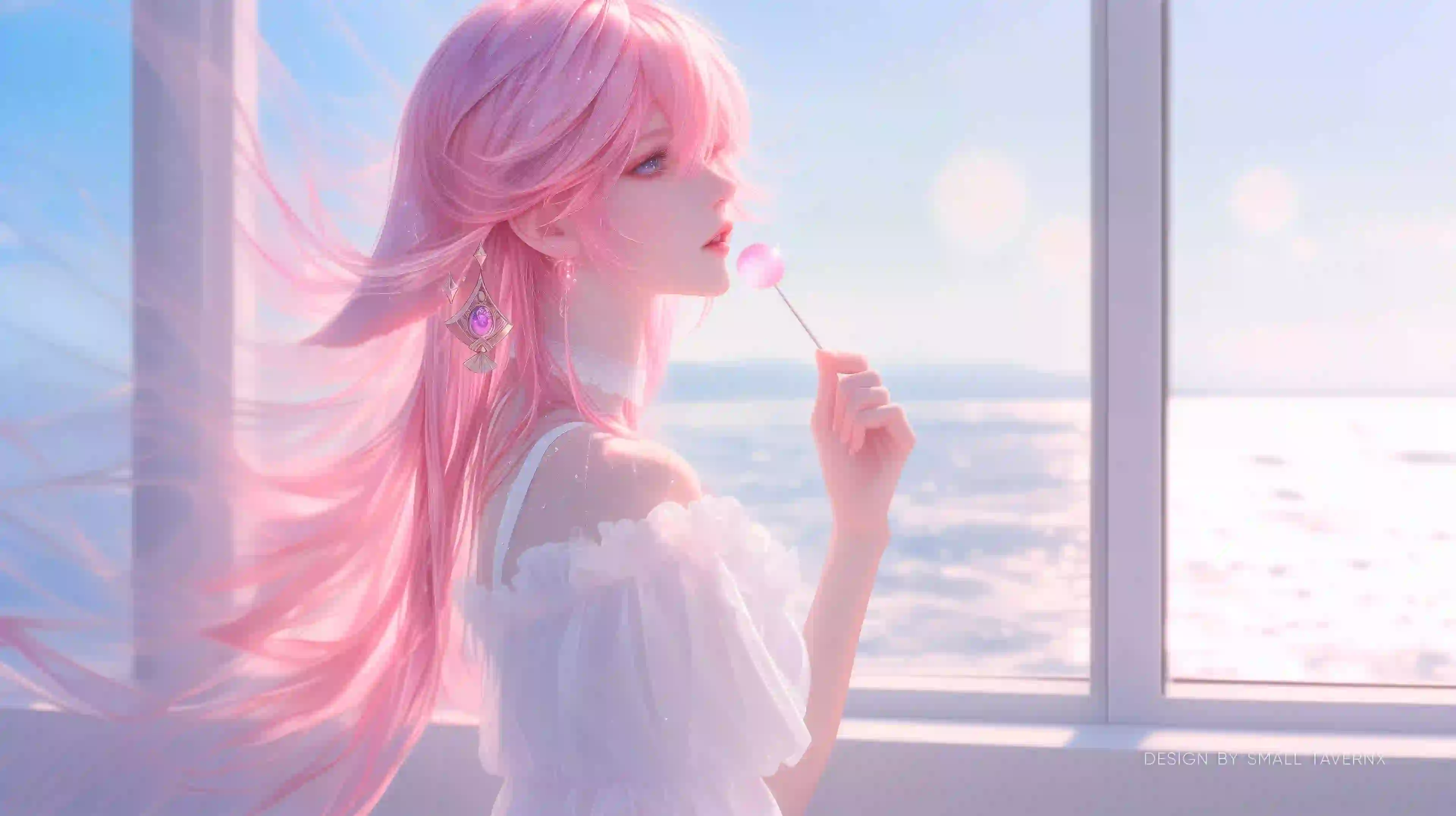 粉红色长发白裙美女 棒棒糖 微风