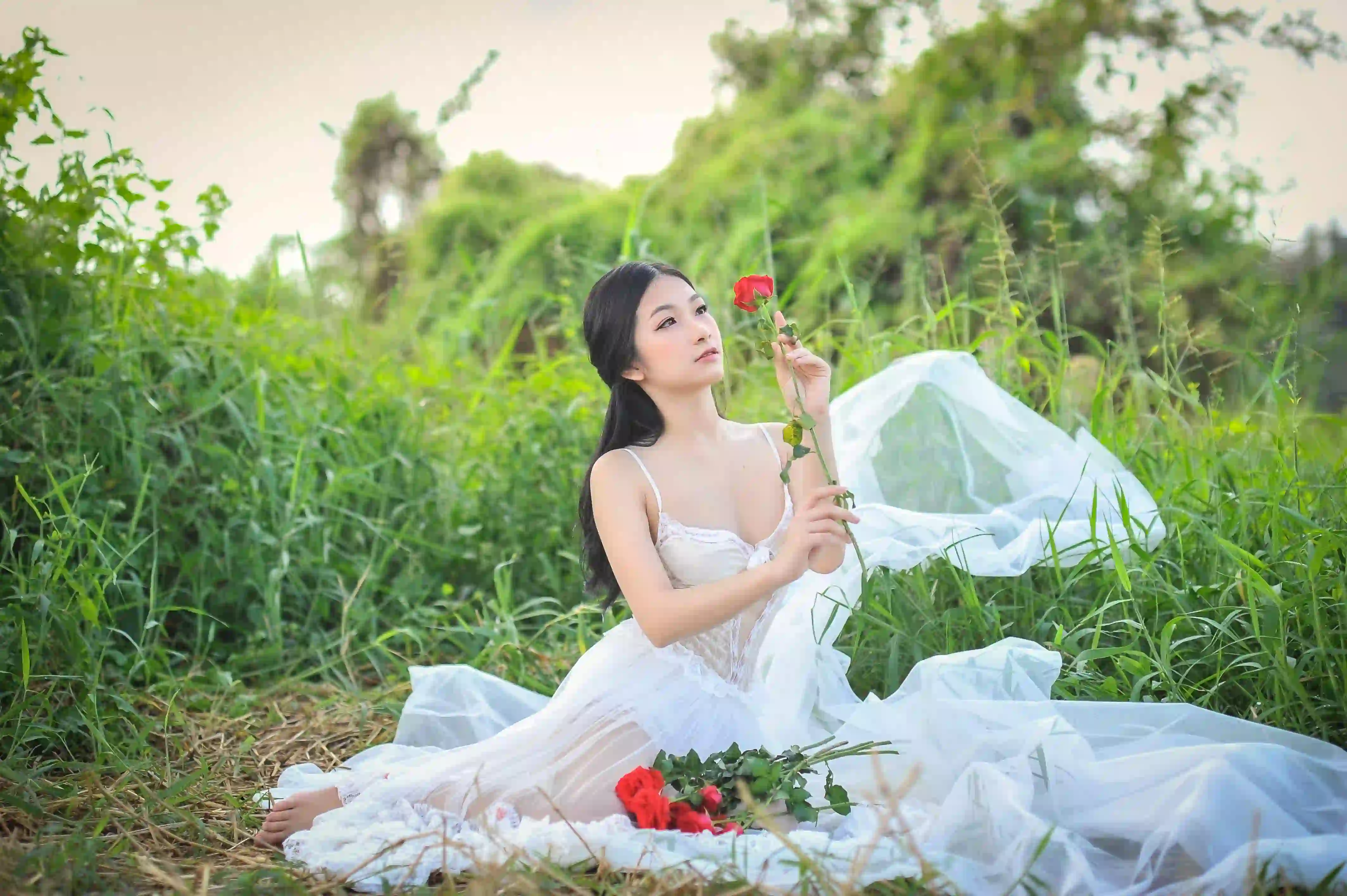 性感 婚纱 白色婚纱 户外 亲近自然 玫瑰花
