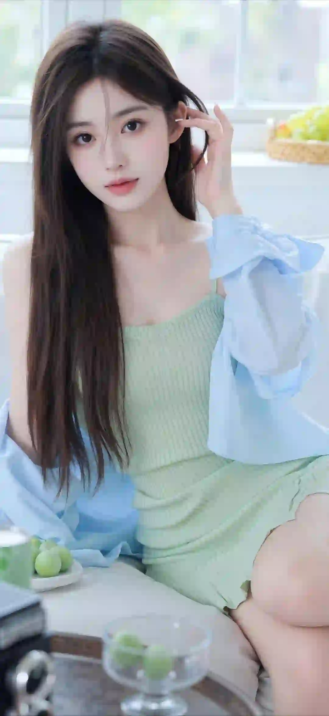 美女 长发美女 绿色吊带