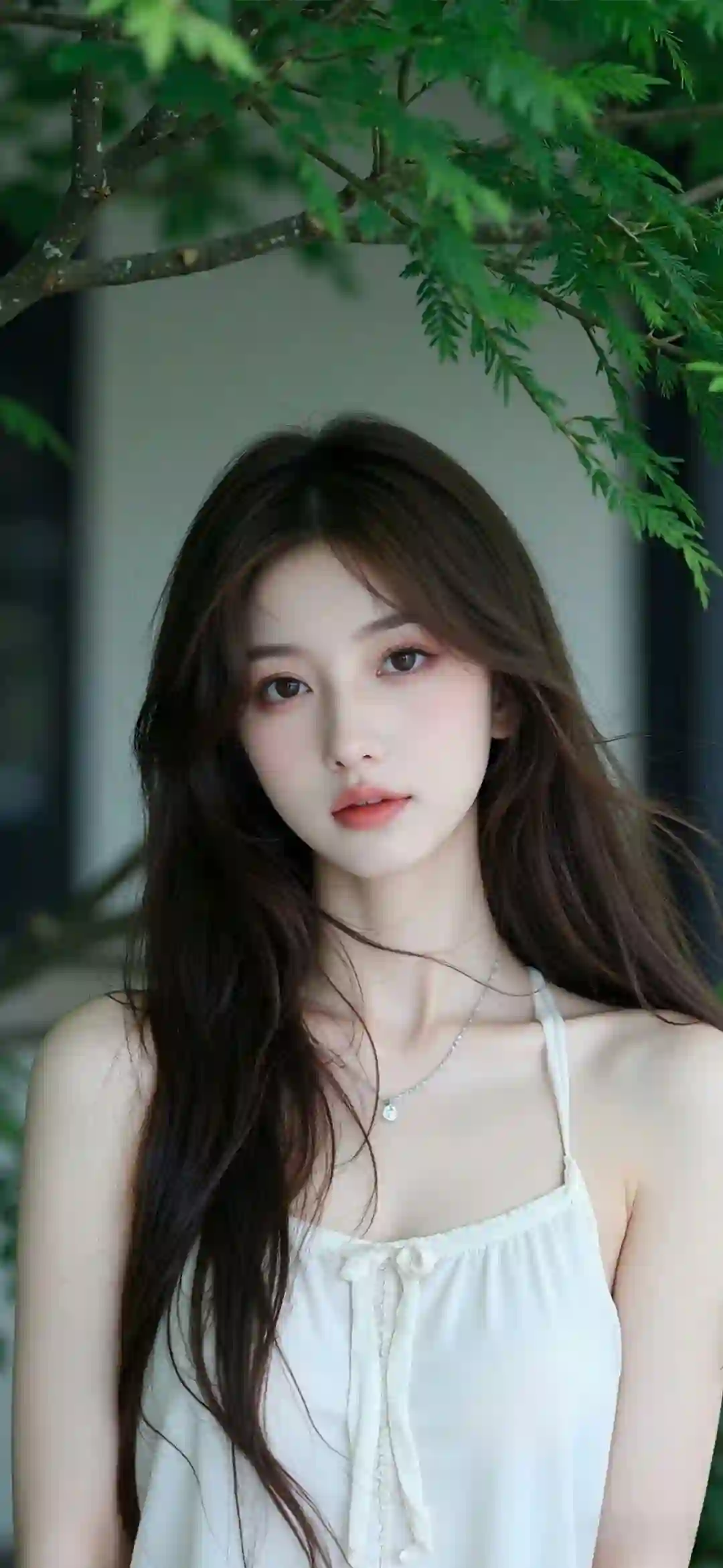 清新 长发 女孩 白色裙子 植物 背景