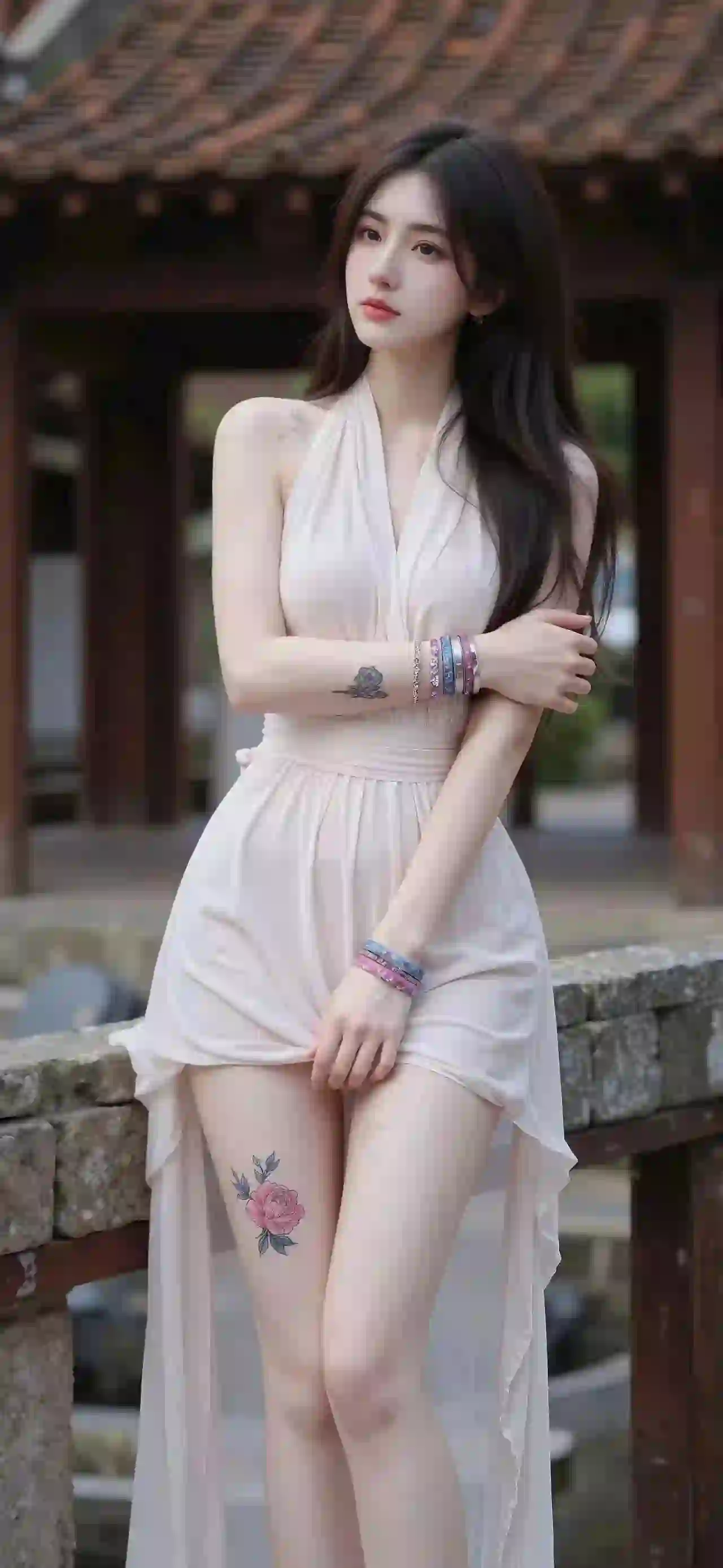 美女 纹身 白色长裙 户外