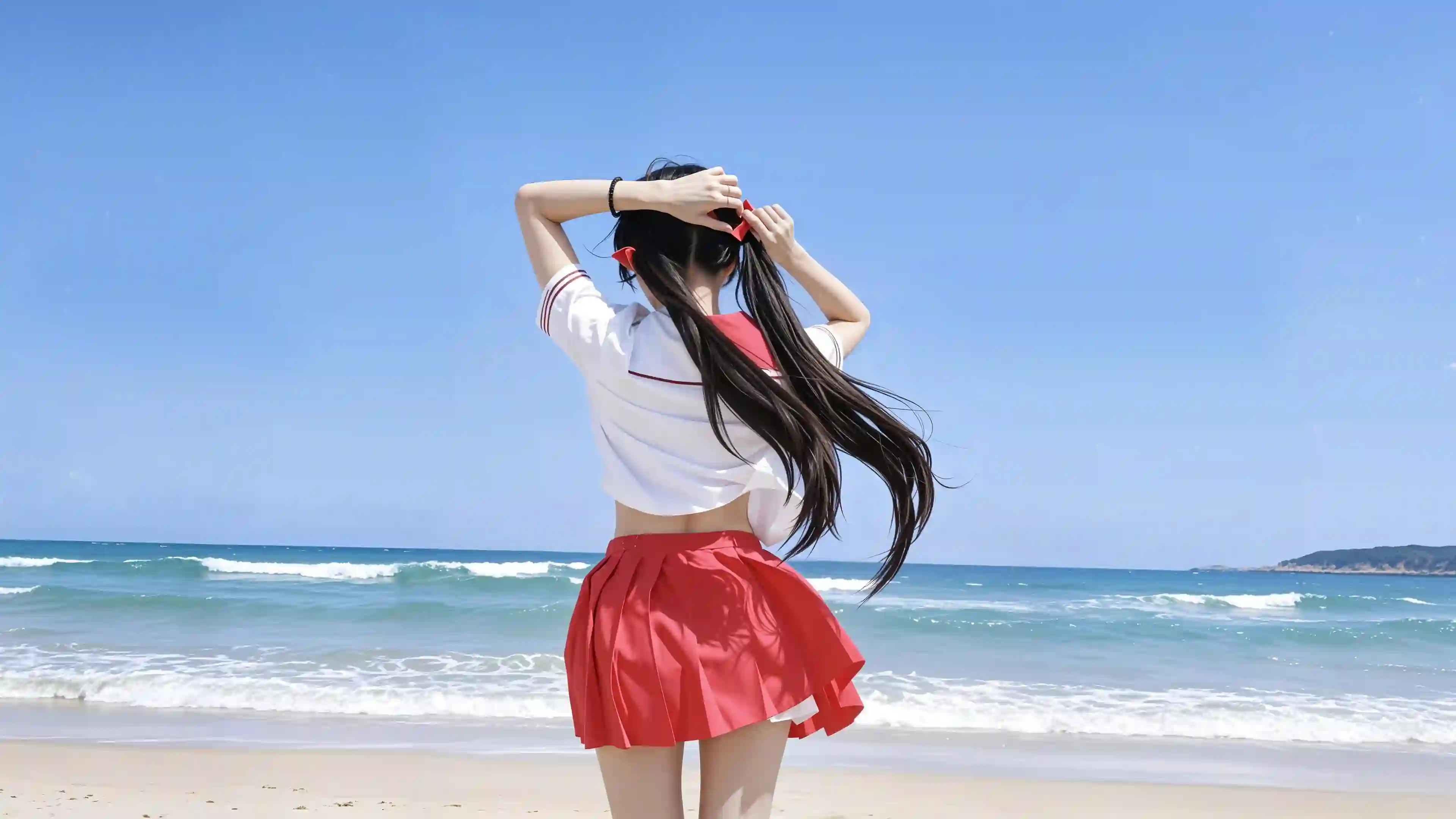 海边女孩 水手服 背影 夏日 海滩