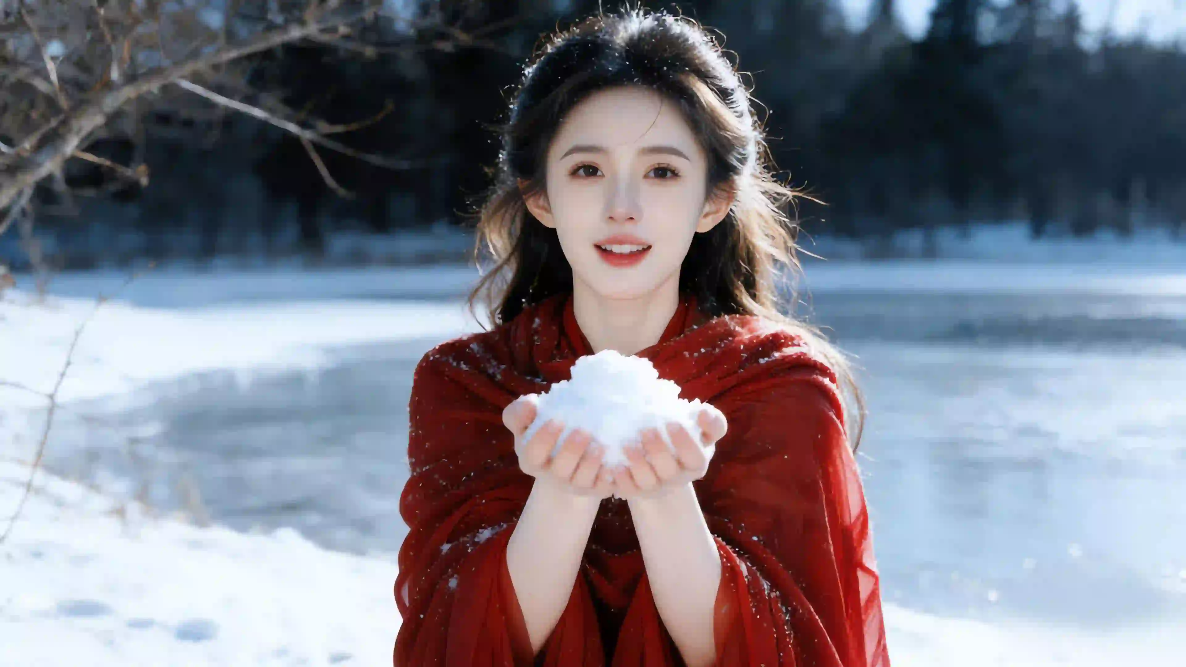 冬日雪景红衣美女抬头仰望 雪地 5