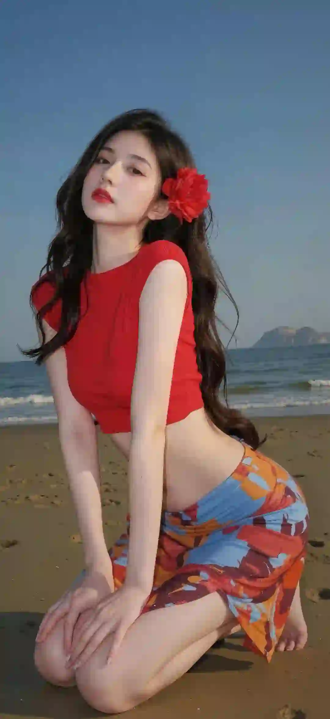 美女 长发美女 红色玫瑰 性感美女 红色衣服 户外写真