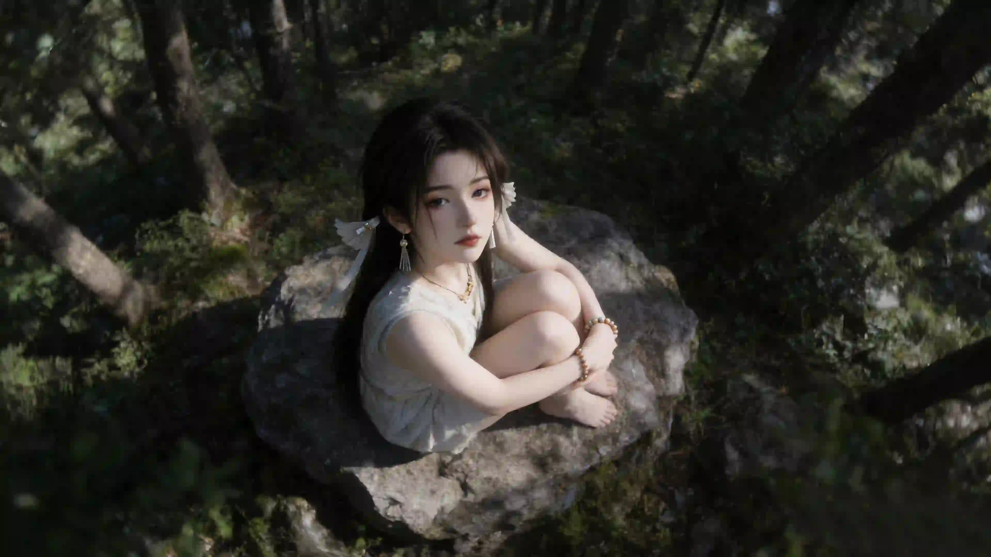 森林 坐在石头上的美女 宋玉