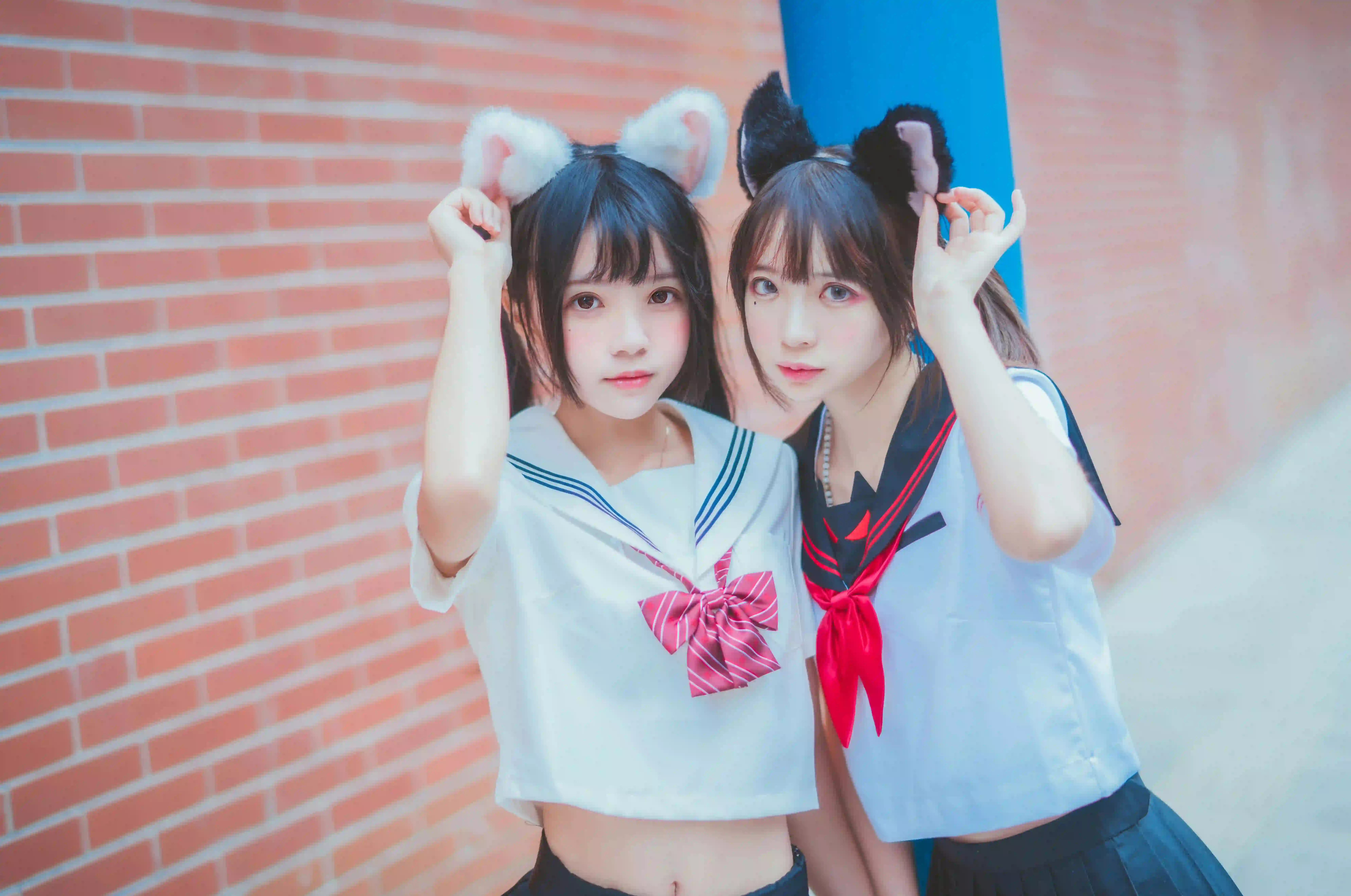 jk少女 长发美女 可爱 黑丝 可爱猫耳 两个女孩