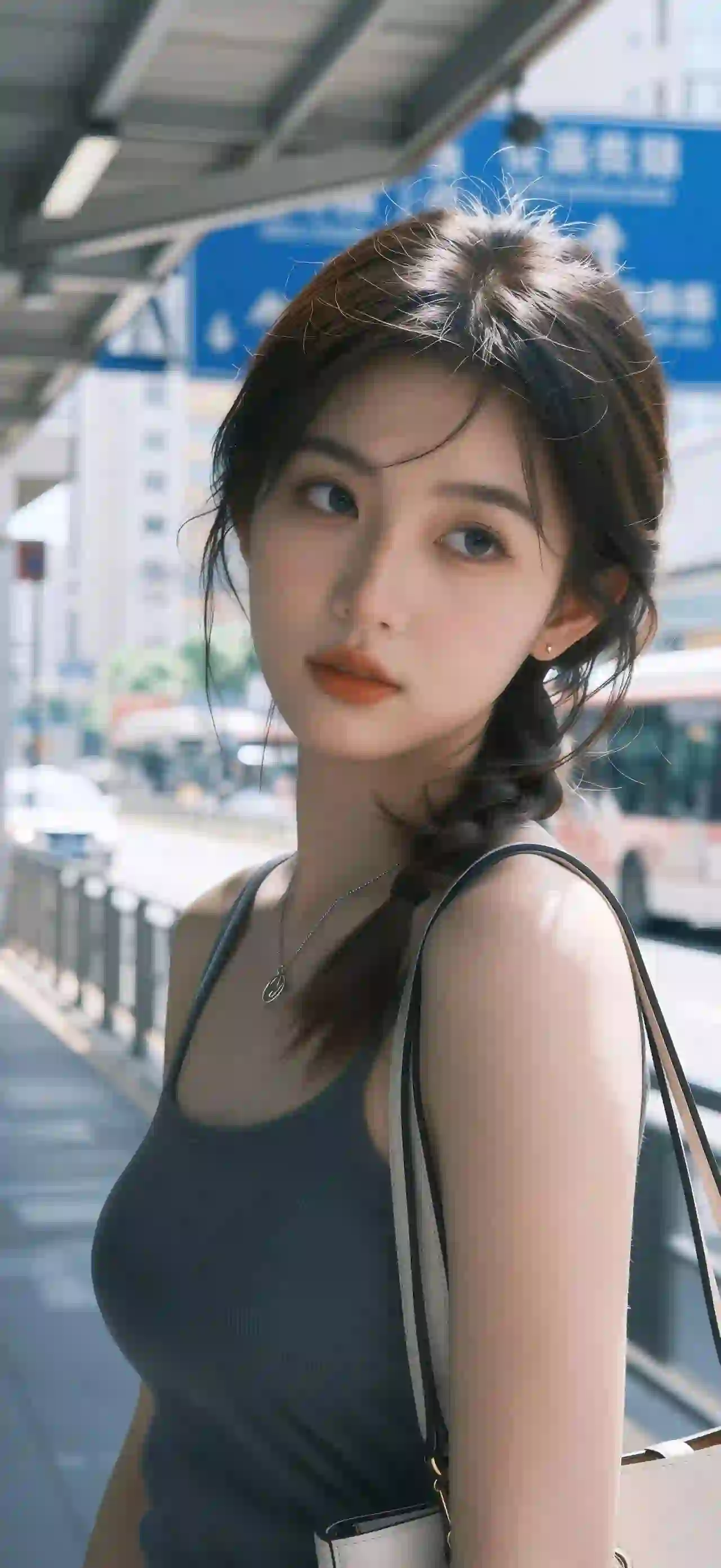 马尾 长发美女 吊带穿搭 户外 街道 灰色衣服