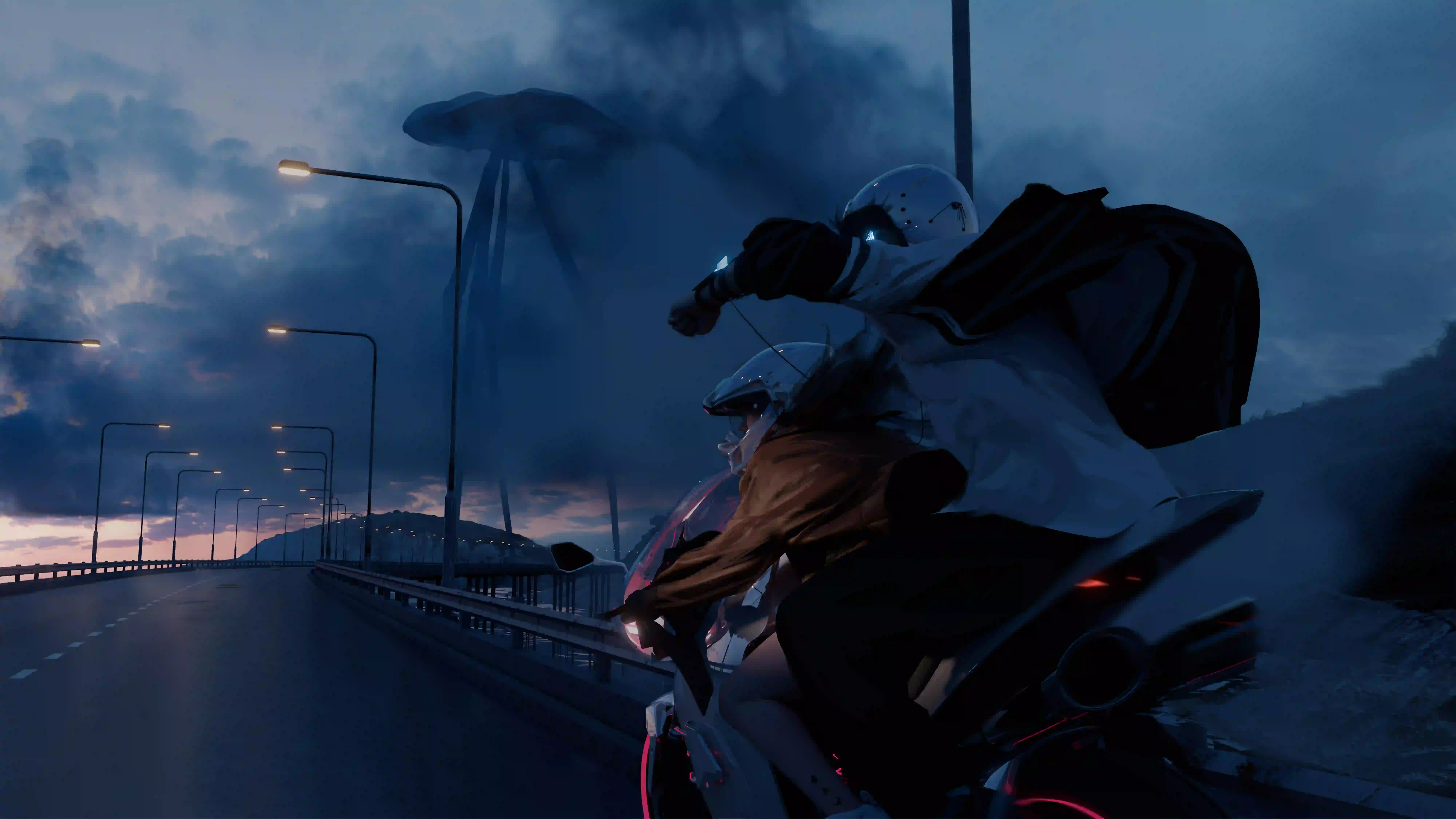 机车 摩托车 情侣 追逐 云虫 wlop 暗色调