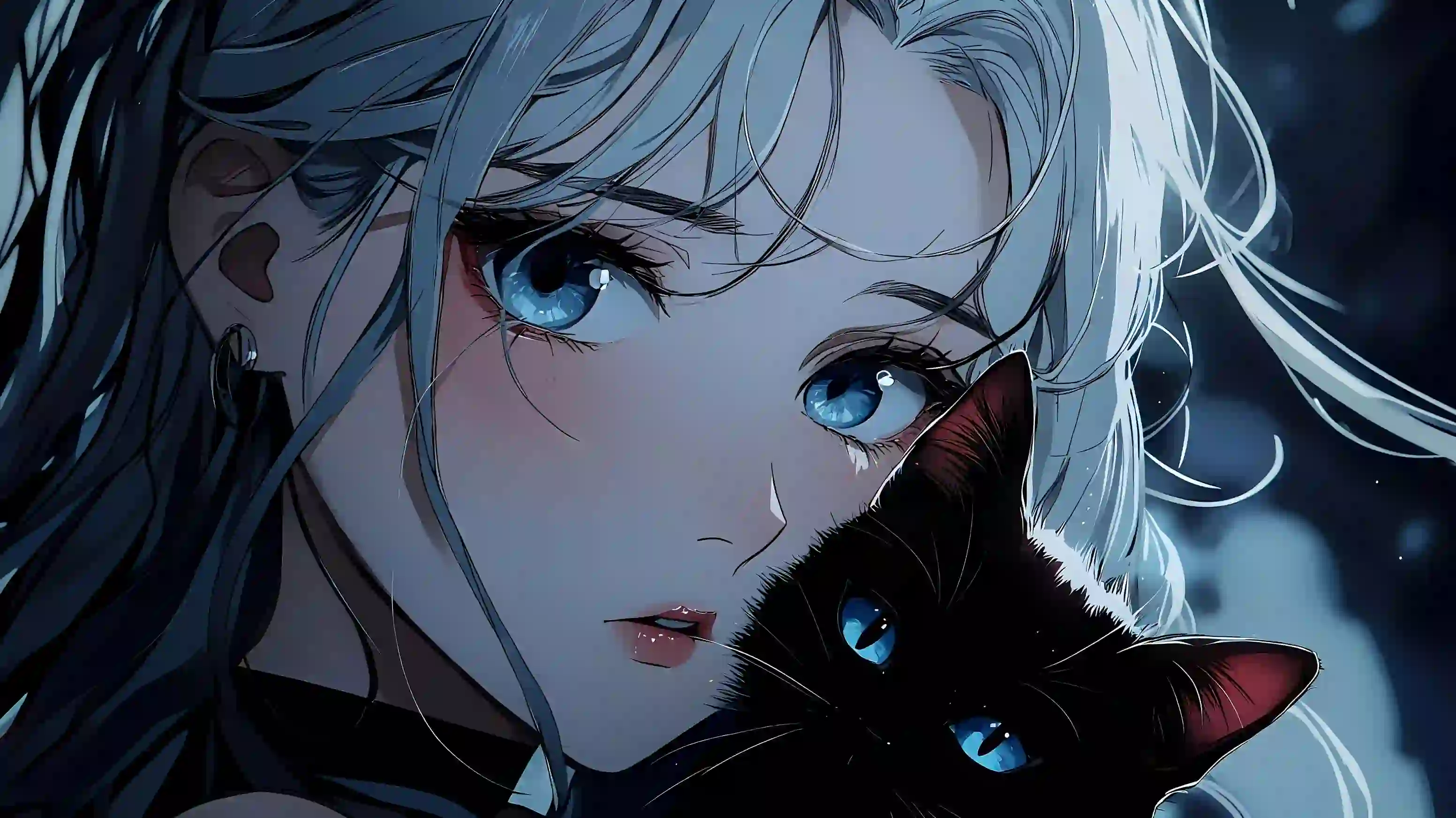 抱着猫咪的女孩 动漫女孩 二次元 二次元猫咪 黑猫咪