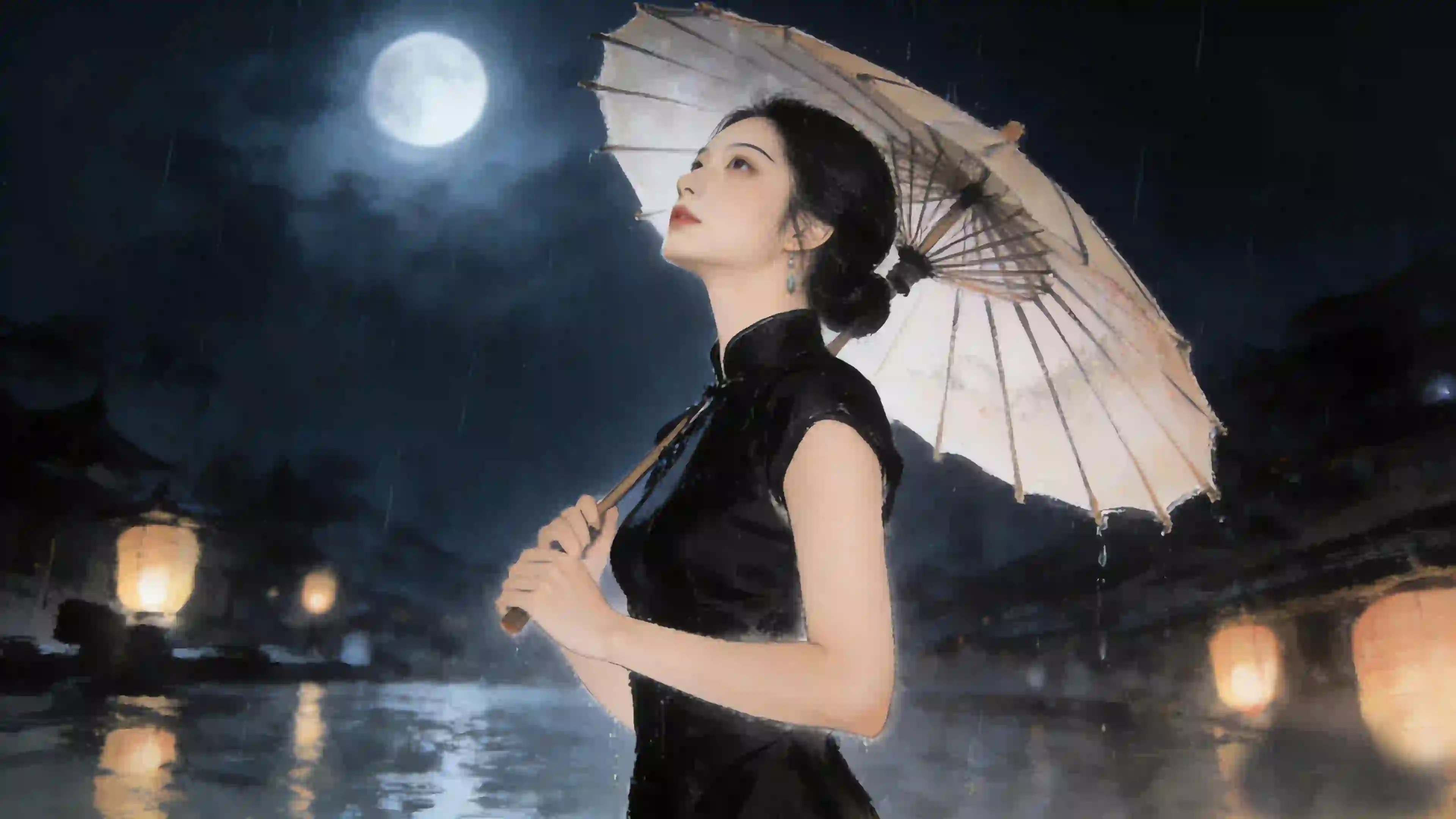 水墨画 晚上 月亮 黑色旗袍美女